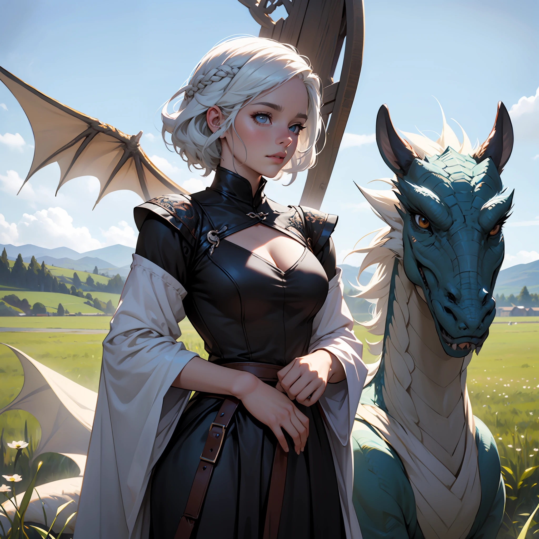 "Game of Thrones, baby dragon, girl with white hair, playing in a field, masterpiece, intricate details, 8k, beautiful girl, extremely beautiful."