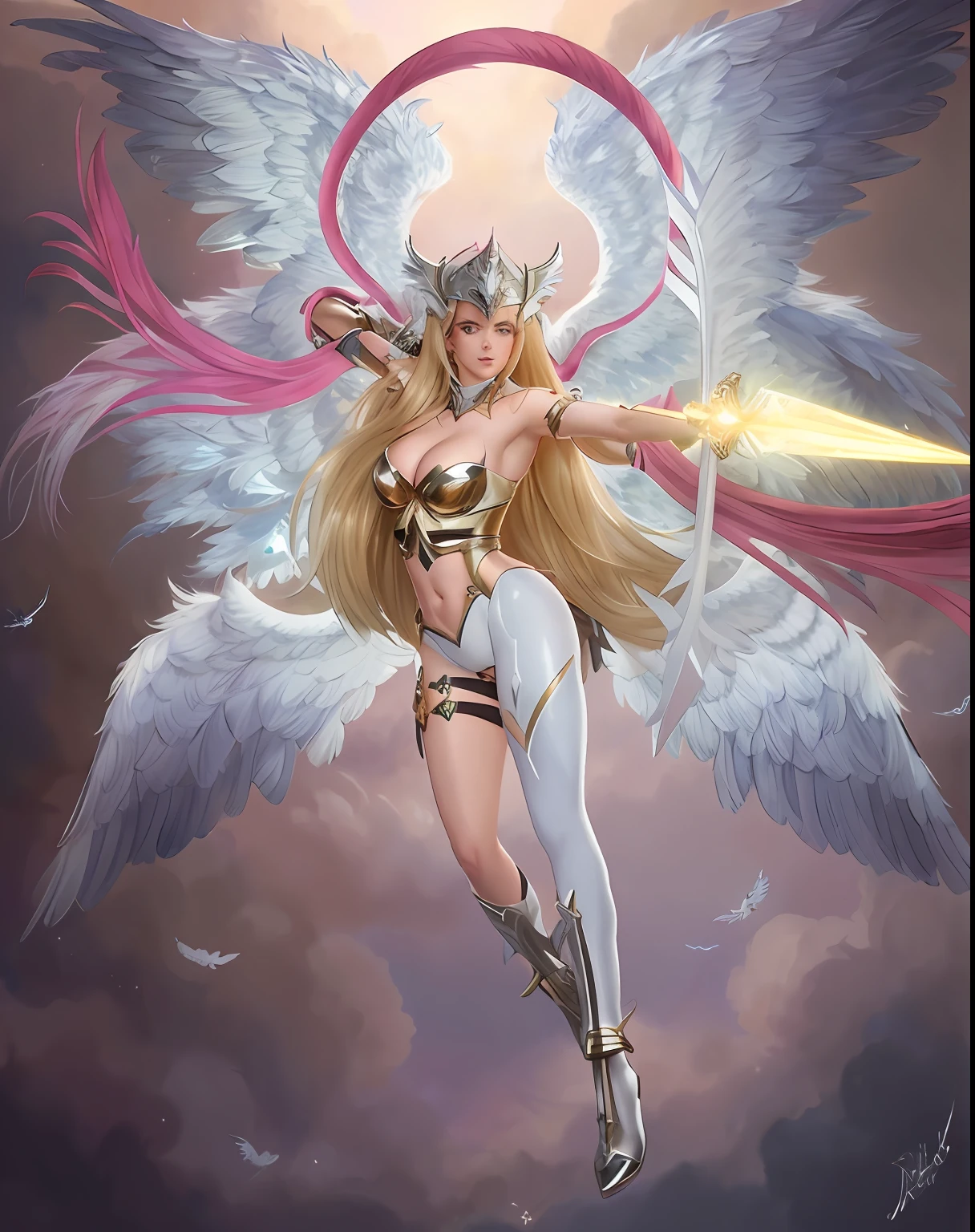 um close up de uma mulher com uma espada e asas, do cavaleiro do anjo, Angewomon, Digimon, as a mystical valkyrie, angel in plastic armor, meninaa do anjo do ciborgue, tall female angel, mystical valkyrie, deusa anime, Artgerm Julie Bell Beeple, Artgerm extremamente detalhado, angel knight gothic girl, Modelo IG | Artgerm