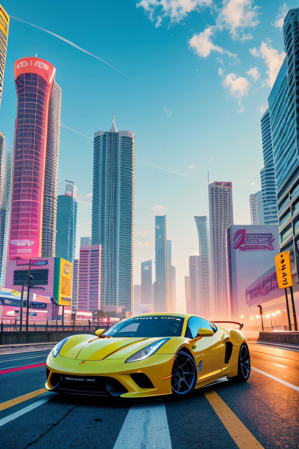 bright sunny day beautiful cloudy sky sunset sports car racing down cyberpunk Miami city streets neon signs and crowds confetti debris dust wind volumetric fog exciting epic action camera, (masterpiece:1.2) (photorealistic:1.2) (bokeh) (best quality) (detailed skin) (intricate) (8k) (HDR) (cinematic lighting) (sharp focus)