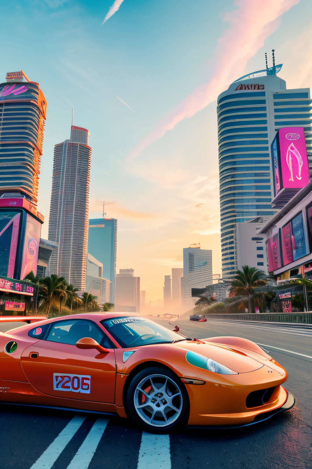 bright sunny day beautiful cloudy sky sunset sports car racing down cyberpunk Miami city streets neon signs and crowds confetti debris dust wind volumetric fog exciting epic action camera, (masterpiece:1.2) (photorealistic:1.2) (bokeh) (best quality) (detailed skin) (intricate) (8k) (HDR) (cinematic lighting) (sharp focus)