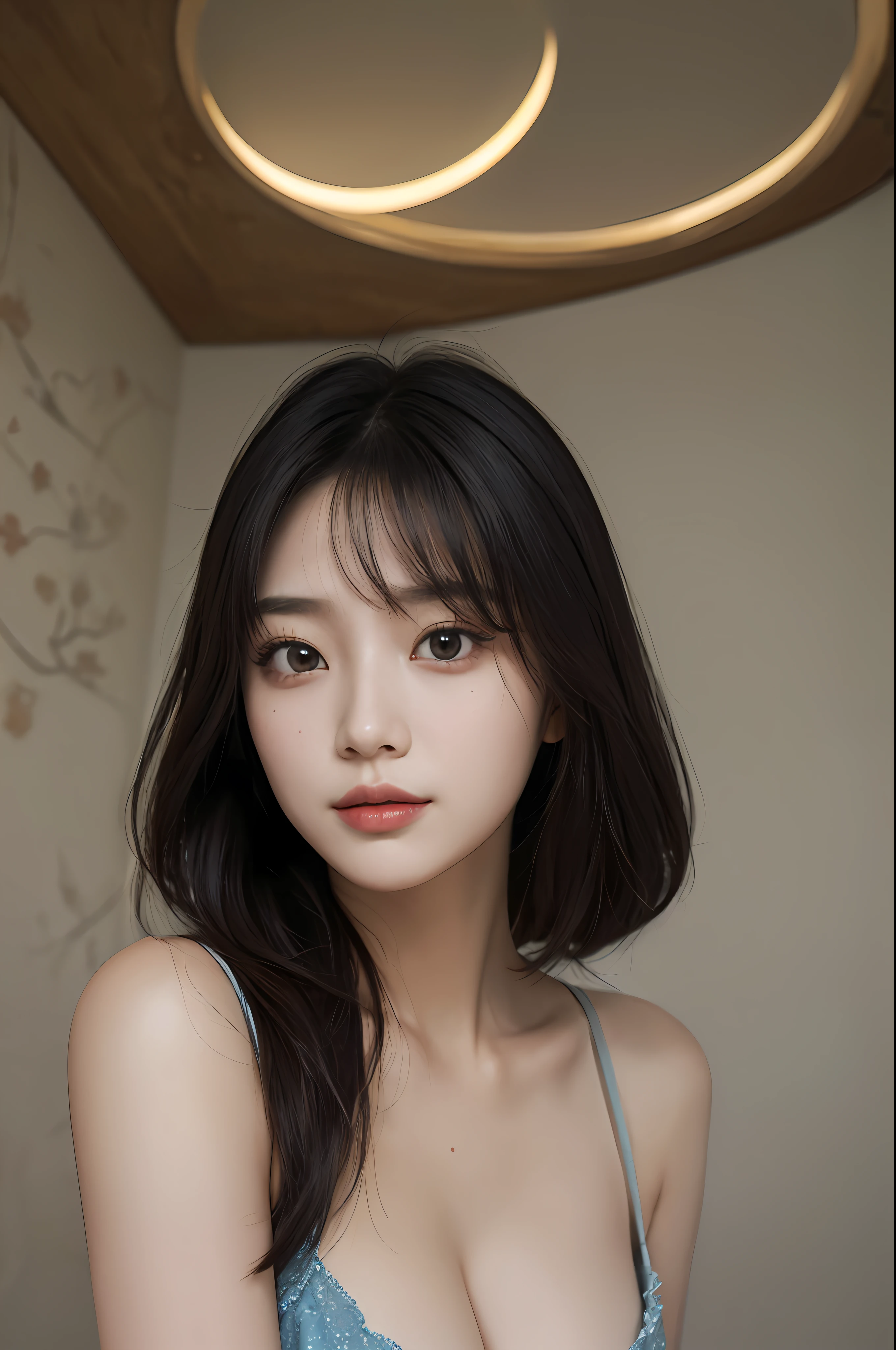 masterpiece、The highest image quality、hightquality、Beautuful Women、japanes、Popular Korean Makeup、detaileds、Swollen eyes、A detailed eye、Detailed skin、Beautiful skins、超A high resolution、(Realistis:1.4)、very extremely beautiful、Slightly younger face、Beautiful skins、thin、(A hyper-realistic)、(illustratio)、(hight resolution)、(8K)、(ighly detailed)(The best illustrations)、(beautifully detailed eyes)、(ultra-detailliert)、(wall-paper)、(详细的脸)、looking at the viewers、fine detailed、 A detailed face、pureerosfaceace_v1、a smile、Looking straight ahead、photos realistic、Bright lighting、profetional lighting、A dark-haired、(((shorth hair)))、brightly lit room、painterly