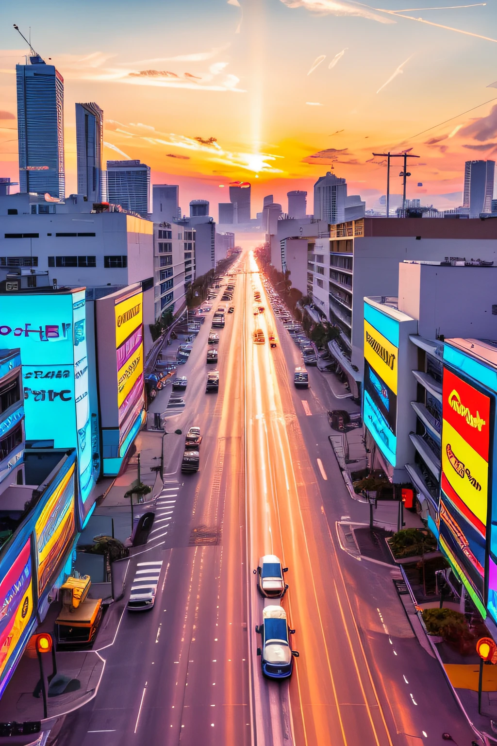 bright sunny day beautiful cloudy sky sunset sports car racing down cyberpunk Miami city streets neon signs and crowds confetti debris dust wind volumetric fog exciting epic action camera, (masterpiece:1.2) (photorealistic:1.2) (bokeh) (best quality) (detailed skin) (intricate) (8k) (HDR) (cinematic lighting) (sharp focus)