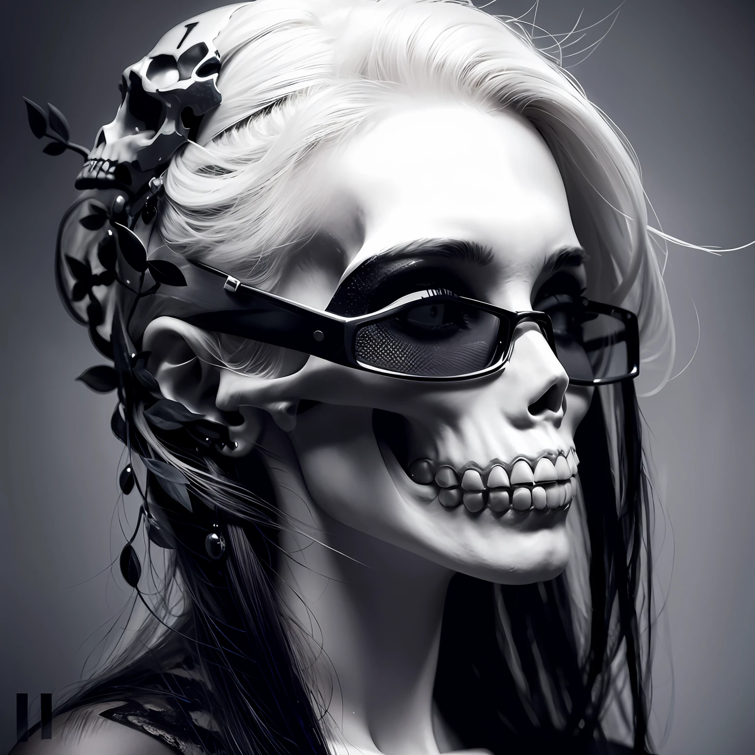 Reconstruct skull and hair to imagine a  fashion photo studio portrait. Pale monochromatic background.