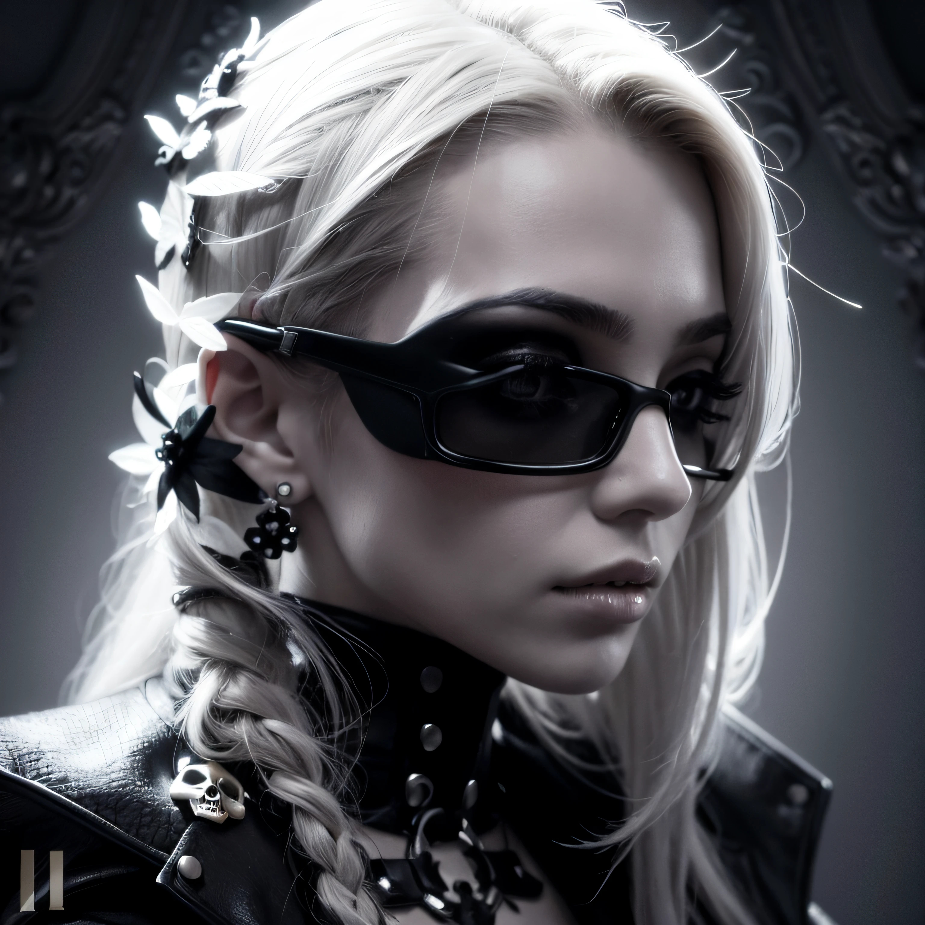 Reconstruct skull and hair to imagine a fashion photo studio portrait. Pale monochromatic background.