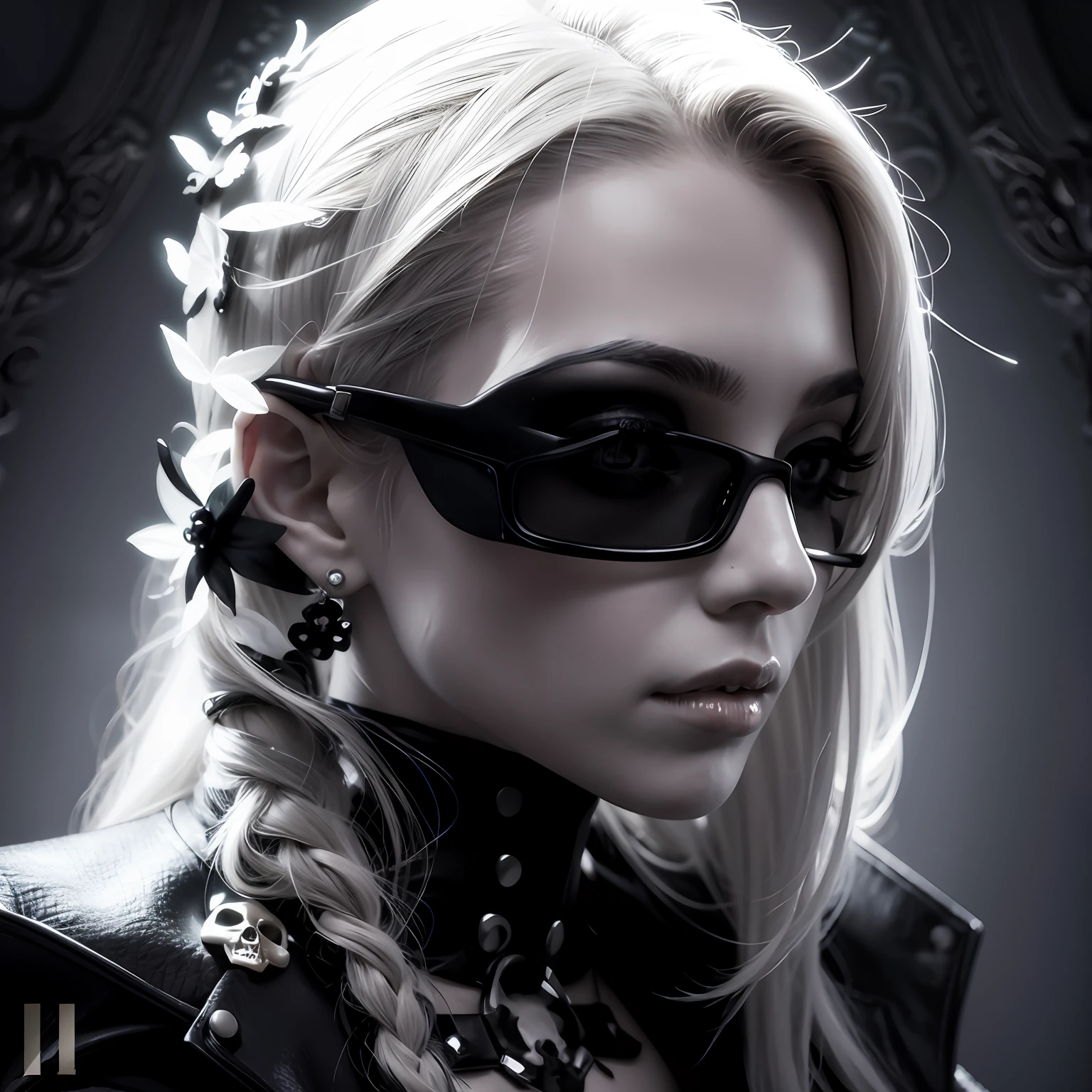 Reconstruct skull and hair to imagine a fashion photo studio portrait. Pale monochromatic background.