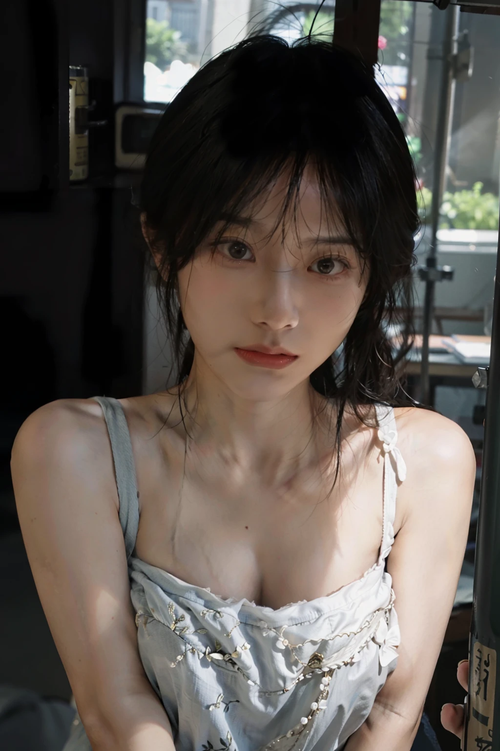 8K，best qualtiy，tmasterpiece，超高分辨率，（真实感：1.4），RAW photogr，（True skin texture：1.3），（filmgrain：1.3），（Selfie angle），1个Giant Breast Girl，Beautiful eye and face details，tmasterpiece，Best quality at best，closeup cleavage，The upper part of the body，Bring hands，covering mouth，Sad