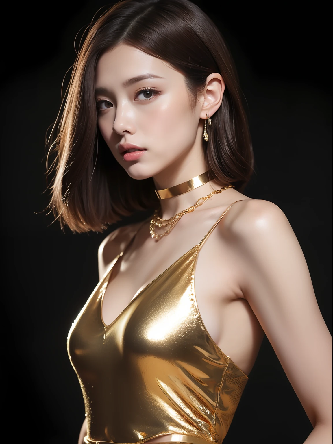 (Masterpiece :1.2),[shot from front:1.8],(extremely detailed:1.5),a(best quality:1.??????tremly high detail:1.4),uniform 8k wallpaper with the best image quality,(Best picture quality :1.5),(Super Detail :1.6),Beautiful Beautiful,(Unified 8k wallpaper :1.2),Pink suit top，(Best quality, 8K, 32K, Masterpiece, hyper HD:1.2),Photo of Pretty Japanese woman in the, 1girll, (medium-short dark brown hair), 二重まぶた, Fashion model, Beauty Unique extra-long very wet pink slit dress, cropped shoulders, Gold belt, choker necklace, Photo pose,  ????, A half body, see through,,simple backgound，FashionMagCover，