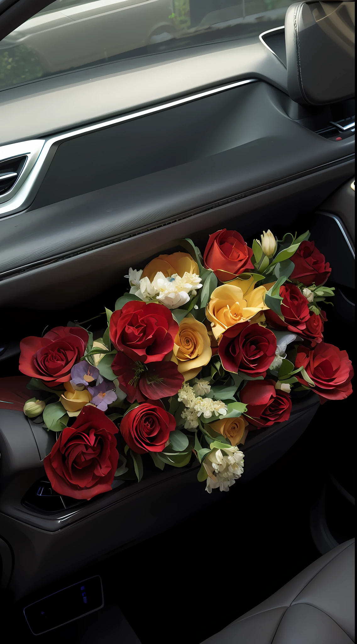 There is a bouquet of flowers in the center of the car, floating bouquets, more and more flowers, carrying flowers, Blooming flowers, front side full, Self-restraint, Pink flowers, With flowers, beautiful  flowers, elegant flowers, pastel roses, flowers blooming, Full of flowers, really realistic, flower bouquet, hyperrealistic”, ultra realistic”, “hyper realistic