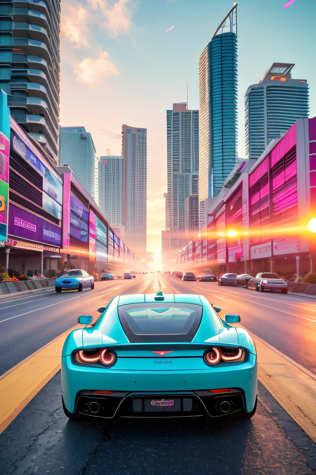 bright sunny day beautiful cloudy sky sunset sports car racing down cyberpunk Miami city streets neon signs and crowds confetti debris dust wind volumetric fog exciting epic action camera, (masterpiece:1.2) (photorealistic:1.2) (bokeh) (best quality) (detailed skin) (intricate) (8k) (HDR) (cinematic lighting) (sharp focus)