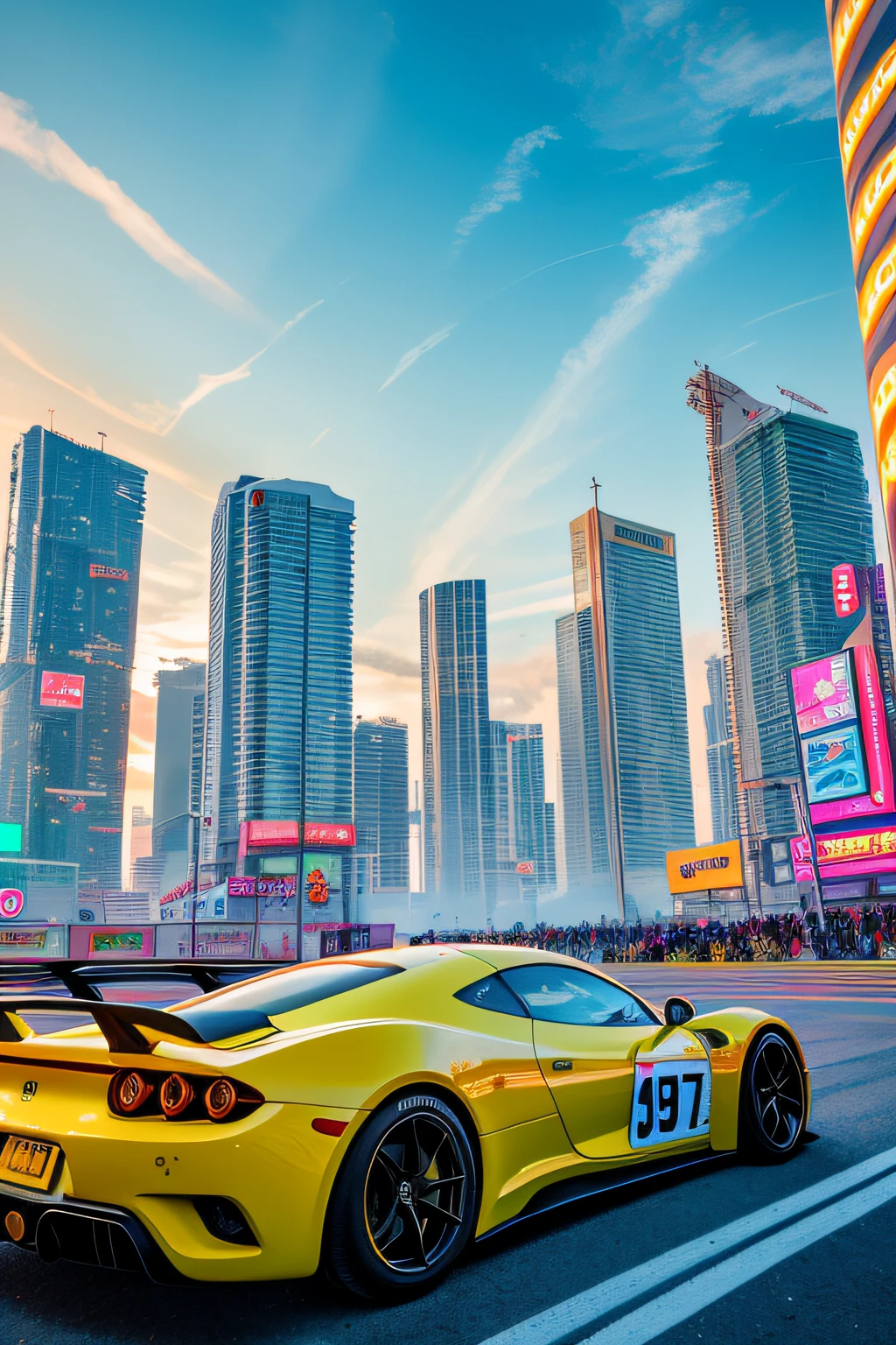 bright sunny day beautiful cloudy sky sunset sports car racing down cyberpunk Miami city streets neon signs and crowds confetti debris dust wind volumetric fog exciting epic action camera, (masterpiece:1.2) (photorealistic:1.2) (bokeh) (best quality) (detailed skin) (intricate) (8k) (HDR) (cinematic lighting) (sharp focus)