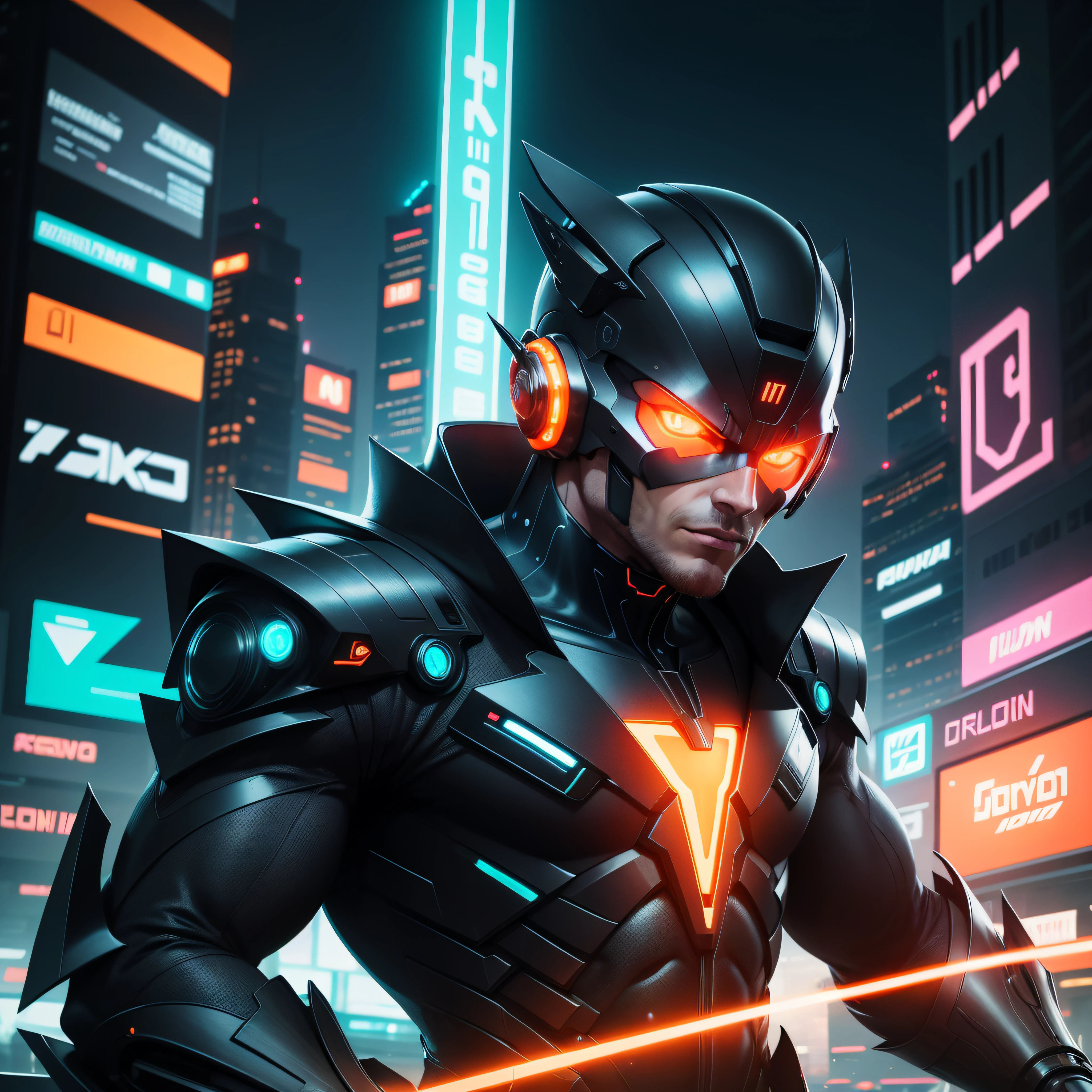 futuristic cyborg man, futuristic city, night, perfect cars in the background,Perfect cars without deformation, building, orange neon lights, black neon lights, orange details on clothes, glows in the shape of an orange arrow upwards, looking at the camera,8k, high quality, upwards neon arrow signs on buildings, t-shirt design