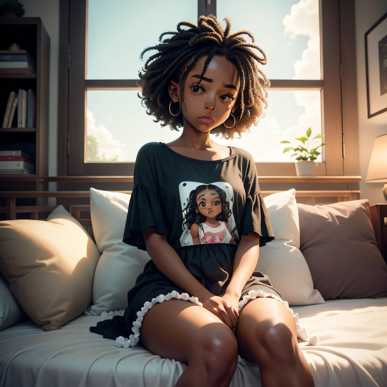 Create an anime-style illustration of an adorable black girl with curly, voluminous hair tied in two pompoms, one on each side of the head. The girl is sitting on a comfortable bed, with the sheet covering on her legs. Her eyes express curiosity and sadness as she looks directly into the camera,. A pele da menina tem um tom quente e acolhedor, . The room around you can be represented with details that reveal traits of your personality and history, as favorite toys or books on a nearby shelf. The colors of the scenery are soft and harmonious, complementing the friendly and inviting atmosphere of the scene. Facial features and expressions should be well defined and highlighted, capturing the thoughtful and sad essence of the character. Crie um ambiente que transmita calma e serenidade, but that also reveals the contagious energy and adventurous spirit of this adorable black girl