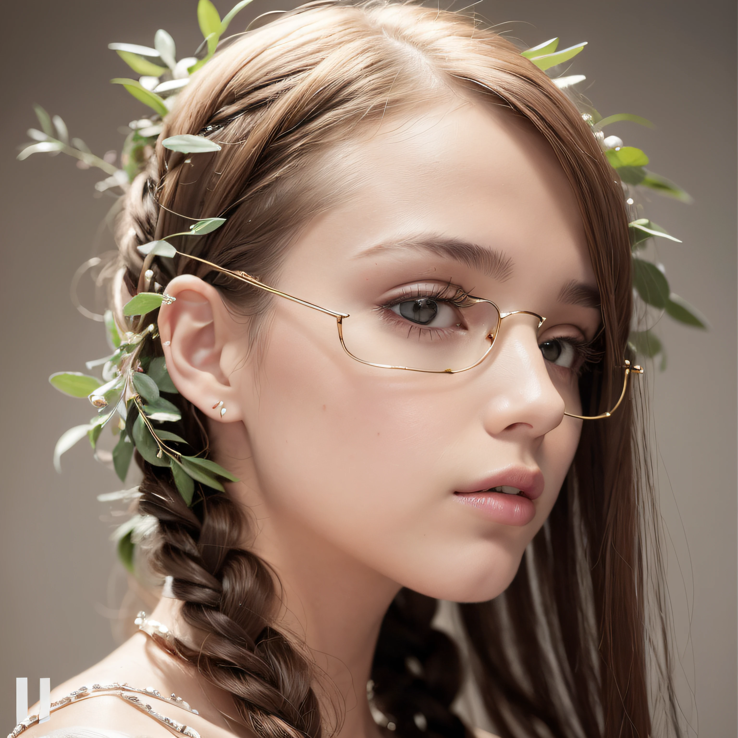 Reconstruct the head and reimagine a  fashion photo studio portrait with plain hair and "no decorations". Pale monochromatic background. Nude  shoulders. Ignore any current decorations. Remove background leaves and plats and reconstruct de natural hair