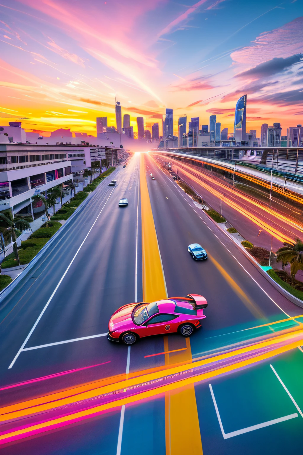 bright sunny day beautiful cloudy sky sunset sports car racing down cyberpunk Miami city streets neon signs and crowds confetti debris dust wind volumetric fog exciting epic action camera, (masterpiece:1.2) (photorealistic:1.2) (bokeh) (best quality) (detailed skin) (intricate) (8k) (HDR) (cinematic lighting) (sharp focus)