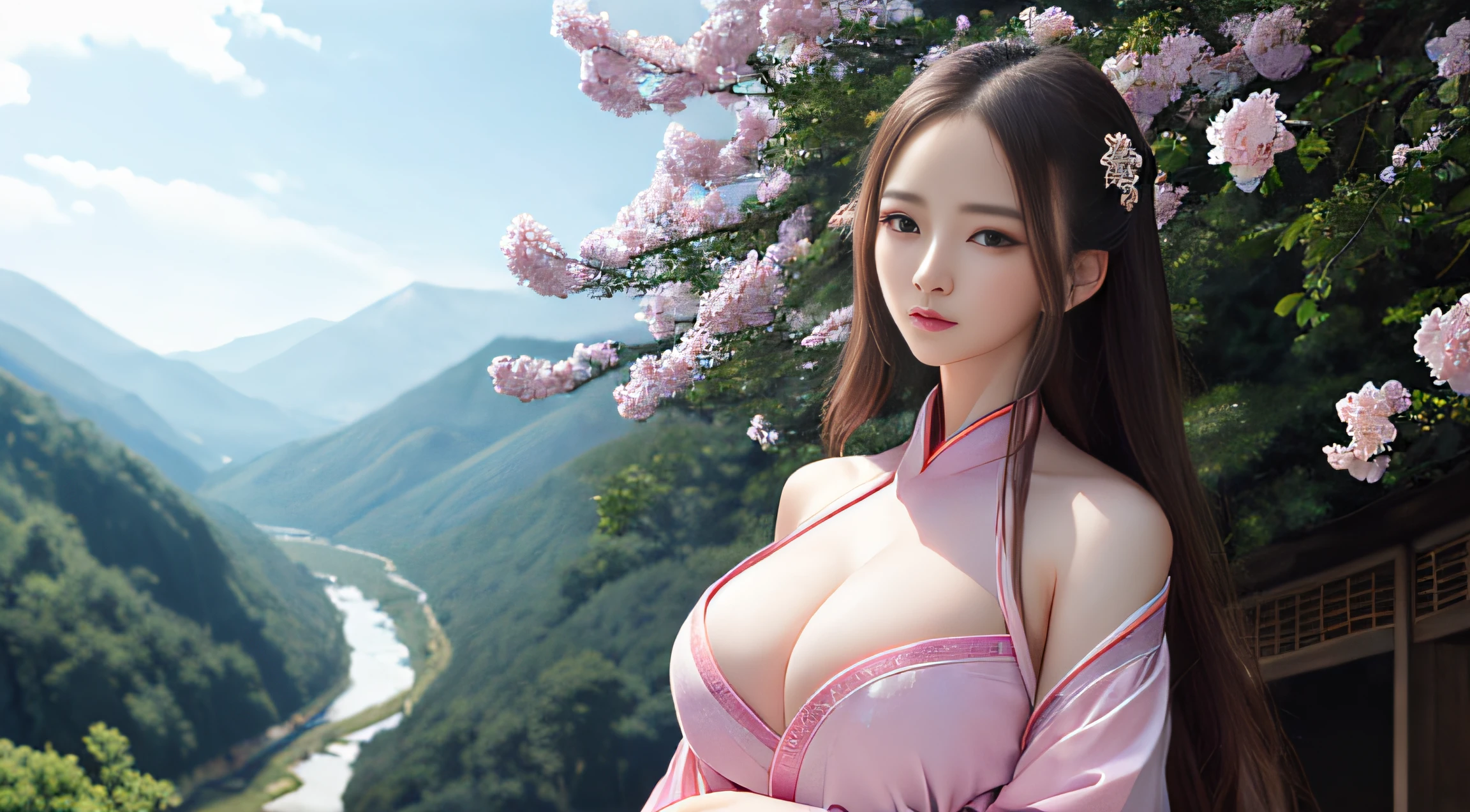Masterpiece, Best quality, 1 girl, Mature woman, Hanfu,huge tit,cropped shoulders,(Open your clothes:1.1),sister, Royal Sister, Cold expression,, Woman with long hair, Light pink lips, calm, Intellectual, tribelt, Gray pupils, flower ball background, Walk through the mountains
