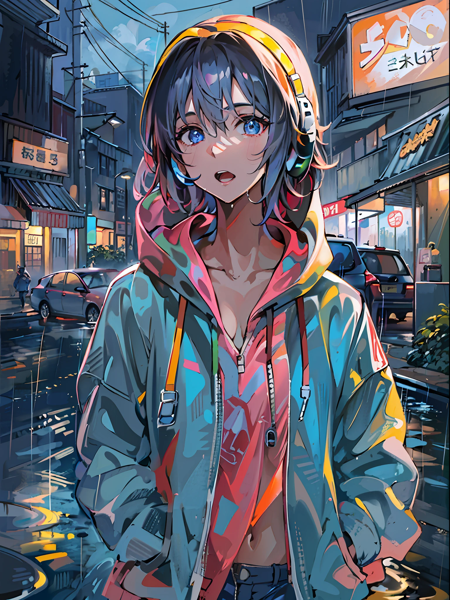 8K分辨率、((top-quality))、((masterpiece))、((ultra-detailliert))、1 woman、独奏、incredibly absurdness、Oversized hoodies、headphones、Street、plein air、Rain at night、neons、Shortcut Hair、Brightly colored eyes、Hands in pockets、shortpants、water dripping