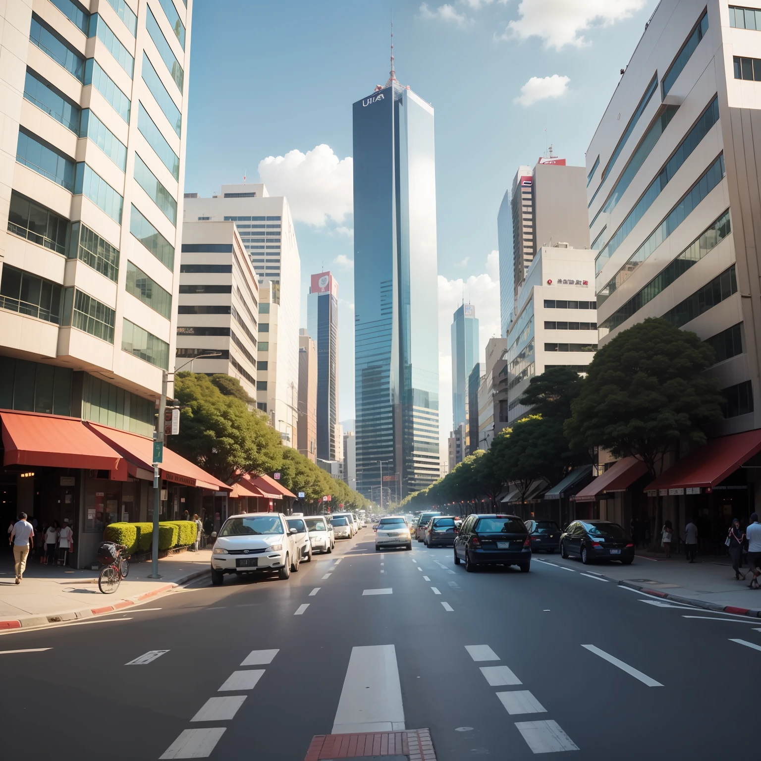 imagine uma avenida cheia de carros, and corporate buildings, with plenty of movement on the sidewalks, pessoas transitando para todos os lados, no estilo tokyo, nova iorque, São Paulo.