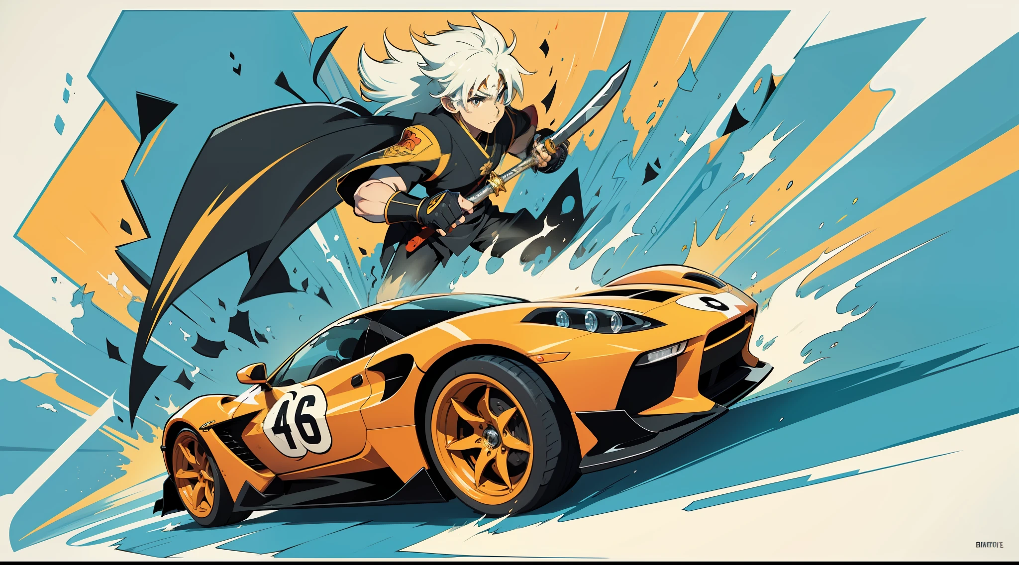 A sword-wielding figure rushes towards a speeding sports car,Slash at it with all your might, Simple cartoon style, vibrant with colors,cartoonish vector style, Cartoon Art Style,Don't anthropomorphize,hand painted cartoon art style, Japanese cartoon style, cartoonish graphic style, Cartoon style illustration with rich colors