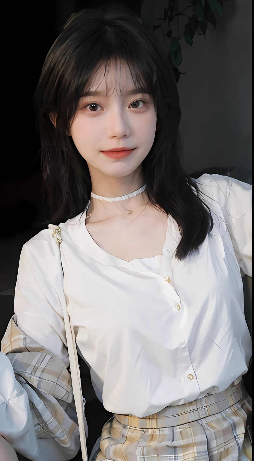 best qualtiy， 超高分辨率， （realisticlying：1.4）， Baoyu Girl， Black long straight，A pair of clear and moving peach blossom eyes,Royal Sister，校服，sunshine on face，（choker necklace：1.2），（Fair skin：1.8），a sense of atmosphere，a beauty girl， ssmile，head straight-looking at viewer， closeup cleavage ，(Photorealistic:1.4),JK suit，white  shirt，yellow bow，neck bowtie，Yellow skirt，plaid skirts，pleatedskirt，