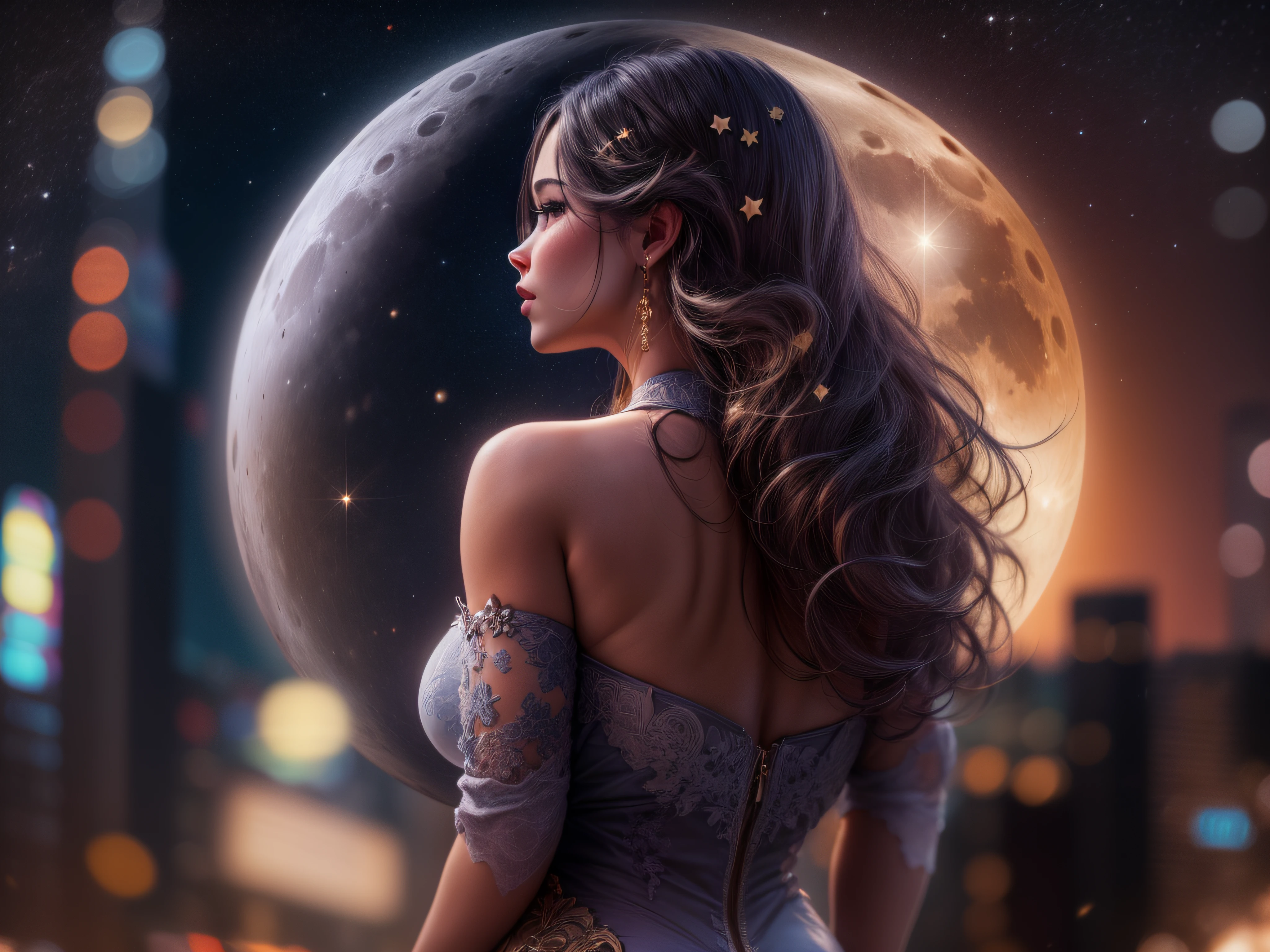 Closeup on a curvy woman , grande bumbum, corpo espetacular, vestida com espartilho bege e vemelho, ricamente detalhada, Hiper realista, 3D-rendering, obra-prima, NVIDIA, RTX, ray-traced, Bokeh, on top of a building, Night sky with a huge and beautiful full moon, estrelas brilhando, 8k,