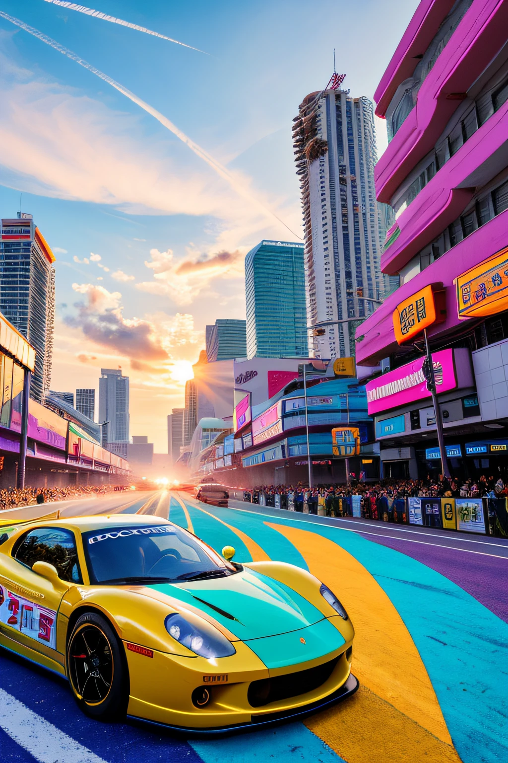 bright sunny day beautiful cloudy sky sunset sports car racing down cyberpunk Miami city streets neon signs and crowds confetti debris dust wind volumetric fog exciting epic action camera, (masterpiece:1.2) (photorealistic:1.2) (bokeh) (best quality) (detailed skin) (intricate) (8k) (HDR) (cinematic lighting) (sharp focus)
