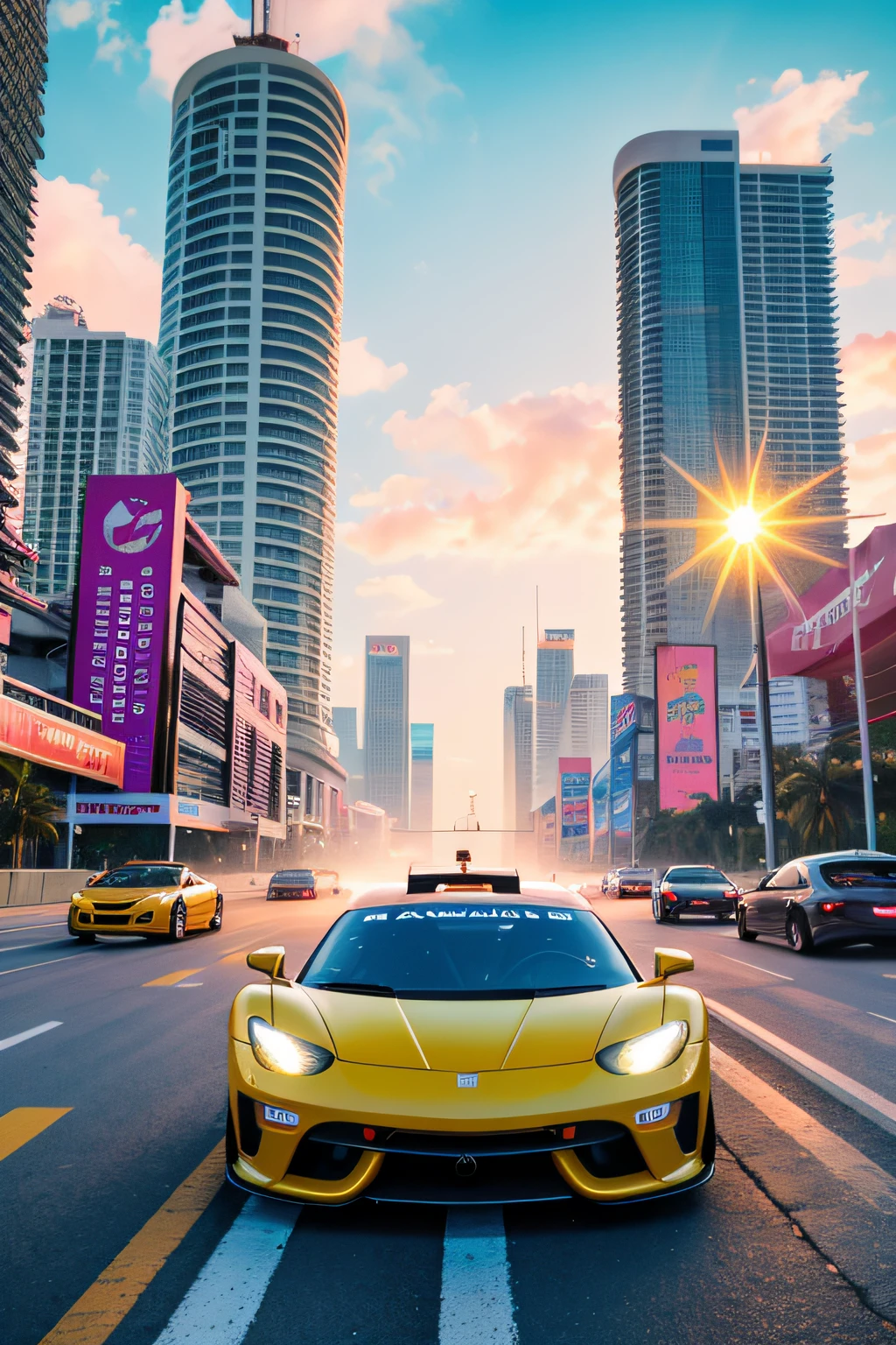 bright sunny day beautiful cloudy sky sunset sports car racing down cyberpunk Miami city streets neon signs and crowds confetti debris dust wind volumetric fog exciting epic action camera, (masterpiece:1.2) (photorealistic:1.2) (bokeh) (best quality) (detailed skin) (intricate) (8k) (HDR) (cinematic lighting) (sharp focus)