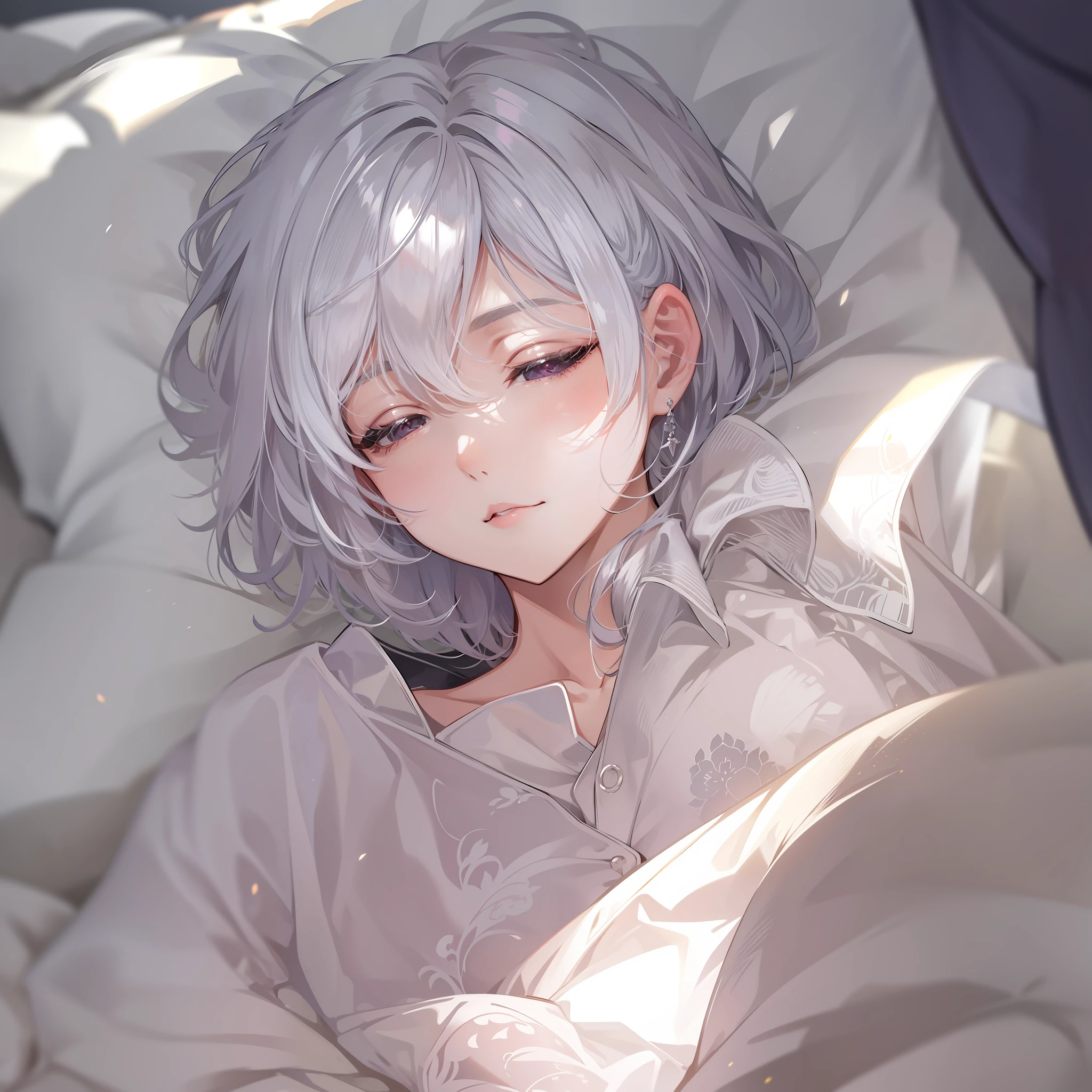 Become a woman。Short-haired woman with silver hair。I'm not feeling well and I'm sleeping。I'm in bed。It is an anime-style illustration。Beautiful with the best image quality。