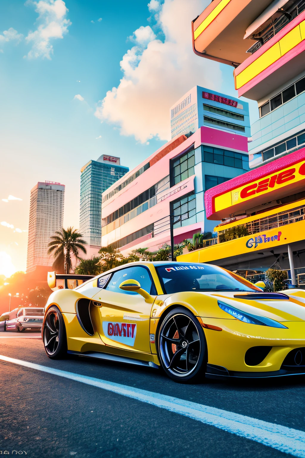 bright sunny day beautiful cloudy sky sunset sports car racing down cyberpunk Miami city streets neon signs and crowds confetti debris dust wind volumetric fog exciting epic action camera, (masterpiece:1.2) (photorealistic:1.2) (bokeh) (best quality) (detailed skin) (intricate) (8k) (HDR) (cinematic lighting) (sharp focus)