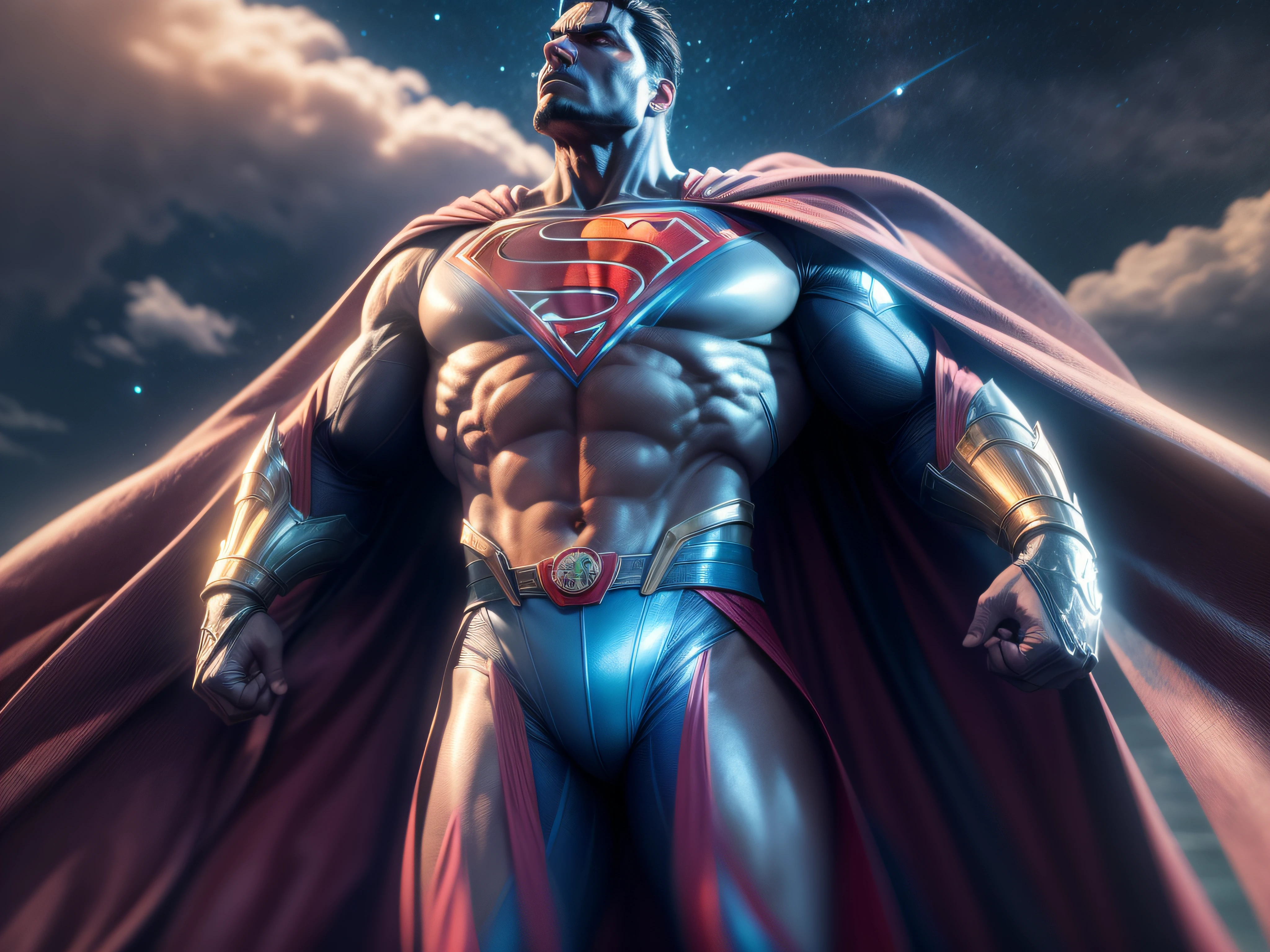 Close a powerful threat, The imposing appearance of the mighty Superman dressed in sky blue and beige uniform, logo S aceso por um anel de neon, menacing stare, ricamente detalhado, Hiper realista, 3D-rendering, obra-prima, NVIDIA, RTX, ray-traced, Bokeh, Night sky with a huge and beautiful full moon, estrelas brilhando, 8k,