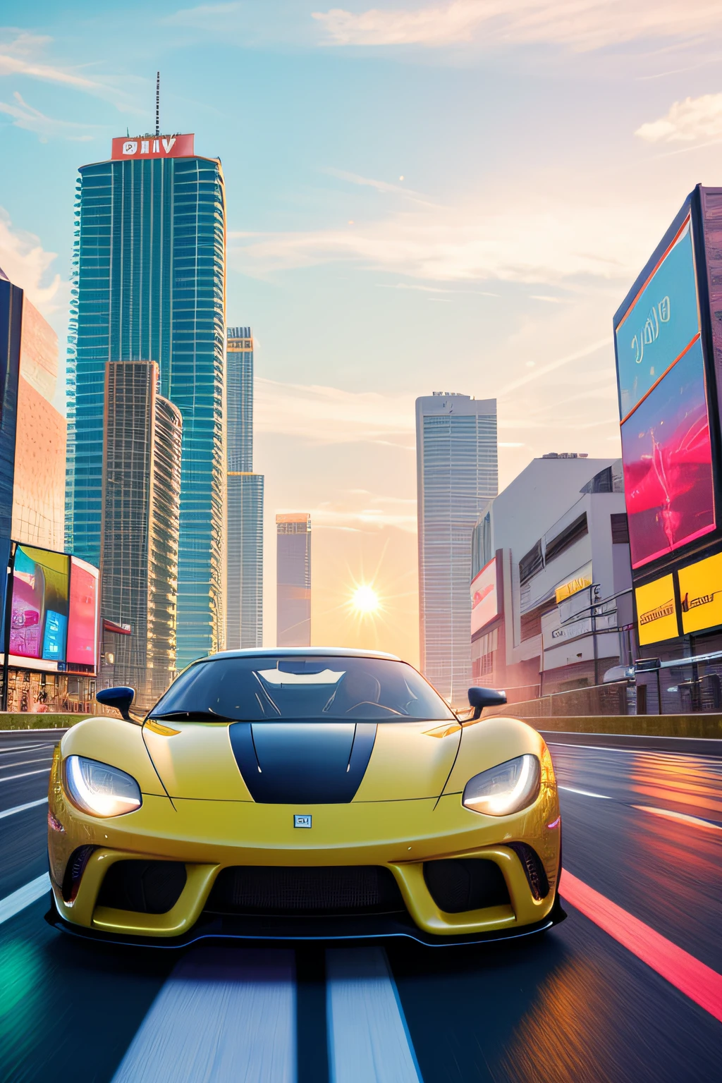 bright sunny day beautiful cloudy sky sunset sports car racing down cyberpunk Miami city streets neon signs and crowds confetti debris dust wind volumetric fog exciting epic action camera, (masterpiece:1.2) (photorealistic:1.2) (bokeh) (best quality) (detailed skin) (intricate) (8k) (HDR) (cinematic lighting) (sharp focus)