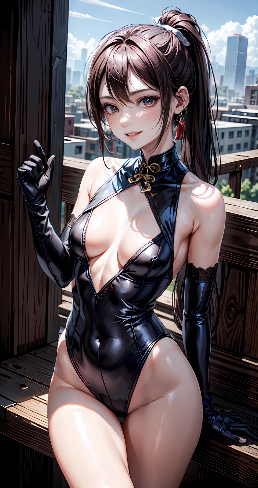 tmasterpiece,best qualtiy,A high resolution,(Fidelity:1.4),耳Nipple Ring,(depth of fields:1.8),South Korean beauties,thigh gap,1个Giant Breast Girl,long whitr hair,pony tails,(solo person:1.1),red colour,(on cheongsam:1.5),cropped shoulders,Elbow lace gloves,(looking at viewert:1.2),(ssmile:1.2),(full bodyesbian:1.),(in city:1.5 ), Small breasts, (PureErosFace_V1:0.5),
