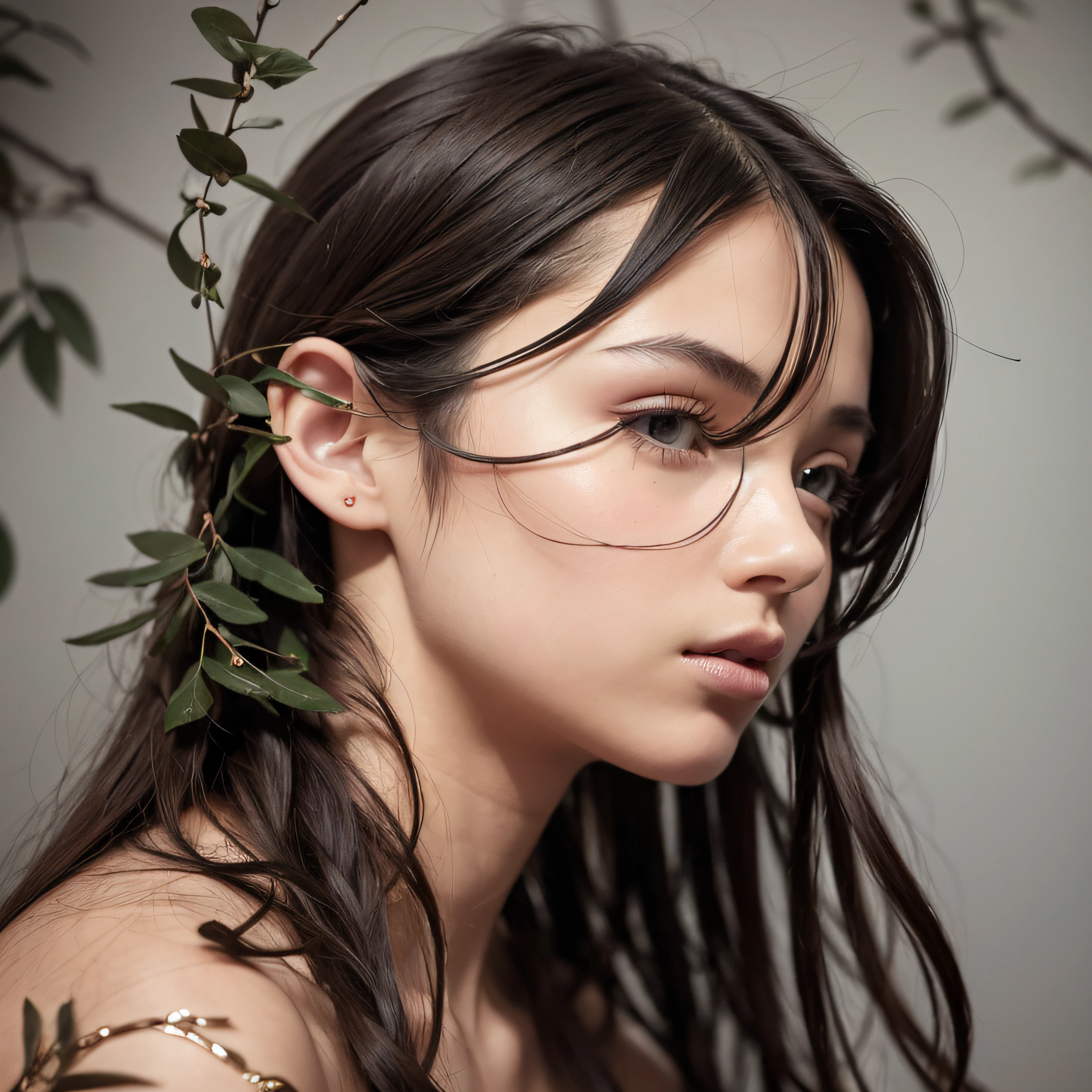 Reconstruct the head and reimagine a nude fashion photo studio portrait with plain hair and "no decorations". Pale monochromatic background. Nude shoulders. Remove background leaves and plats and reconstruct de natural hair. Studio portrait film.
