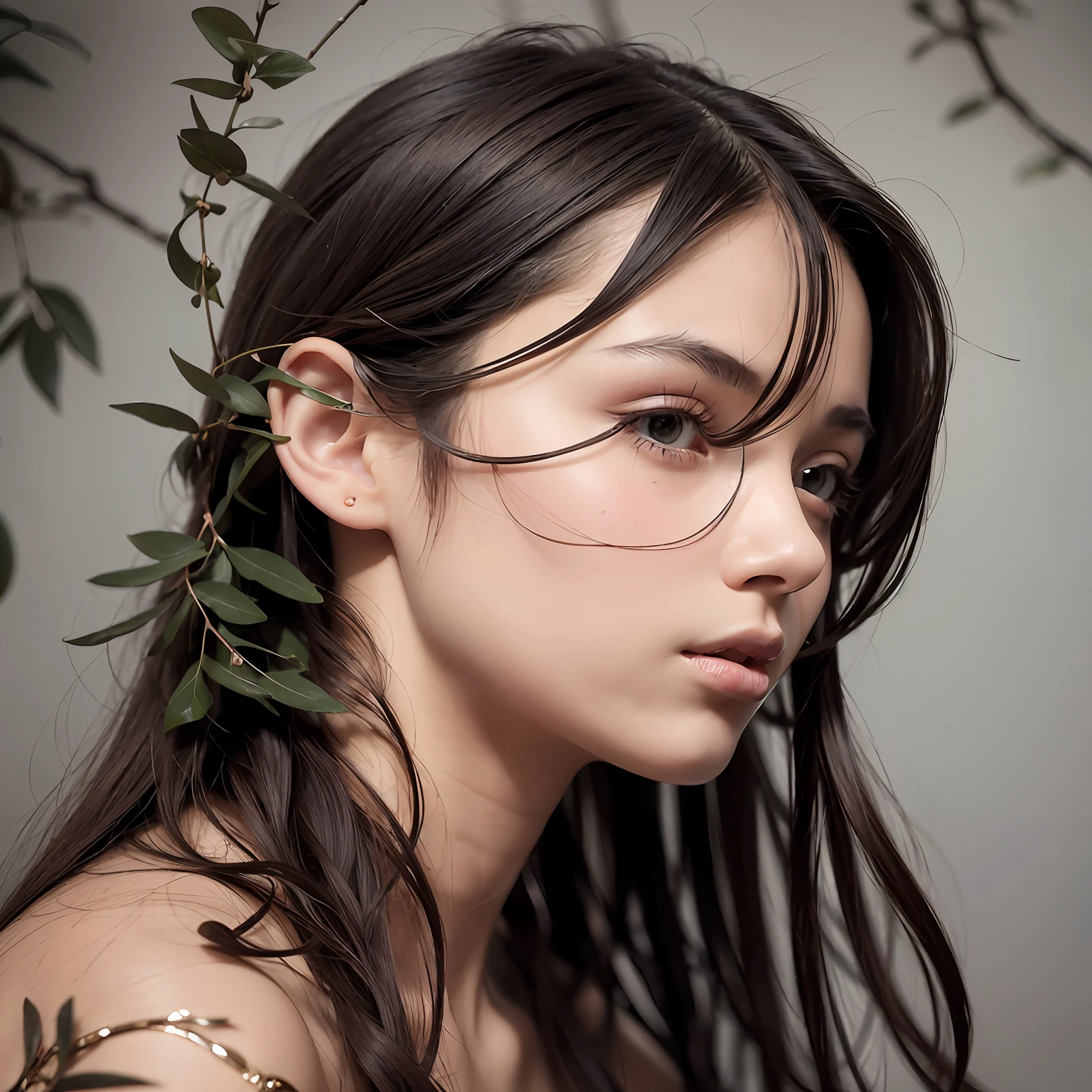 Reconstruct the head and reimagine a nude fashion photo studio portrait with plain hair and "no decorations". Pale monochromatic background. Nude shoulders. Remove background leaves and plats and reconstruct de natural hair. Studio portrait film.