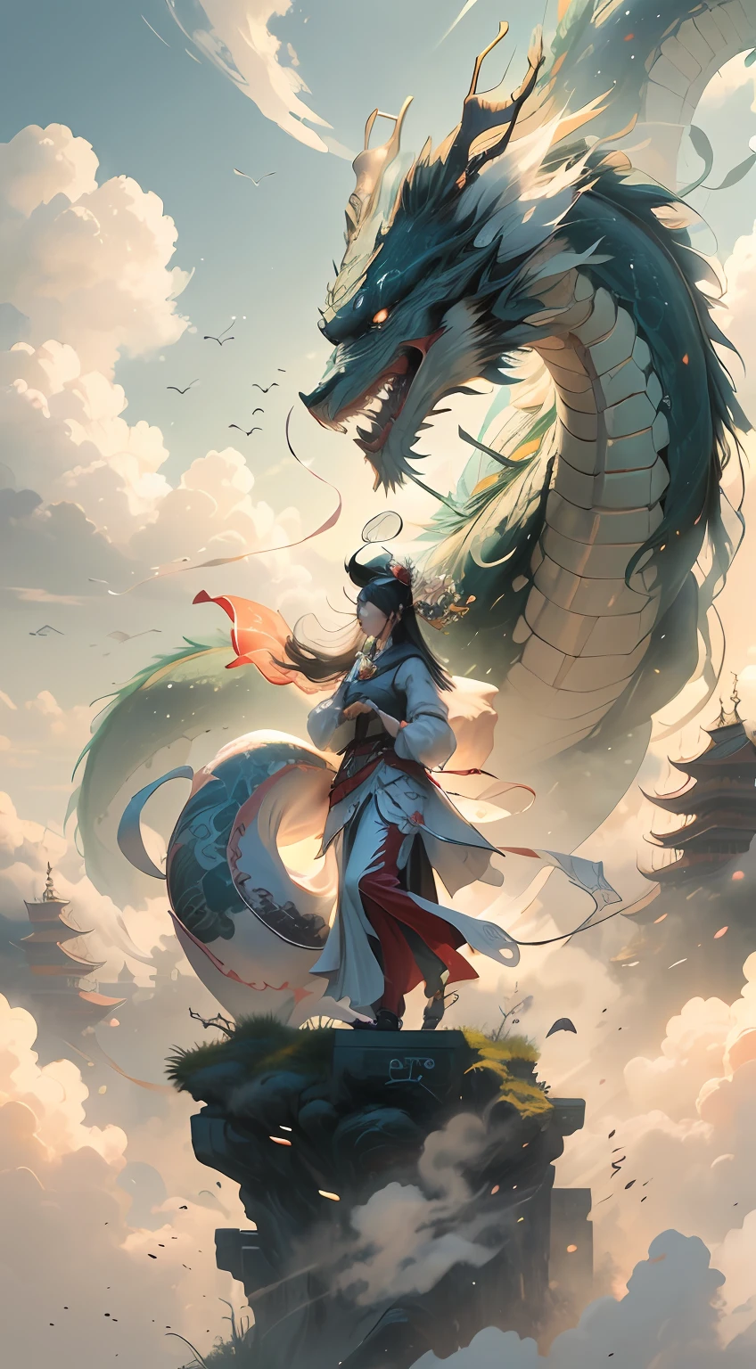 1 Chinese beauty dressed in ancient knight style,(Detailed and delicate facial details),(The human body structure is complete and even),Dance with a sword,The vista has old buildings,sun shining through clouds,A Chinese dragon flies over the rolling white clouds in the sky,(tmasterpiece),(Best picture quality),(Very detailed and uniform picture),(Extremely detailed picture details),(8k wallpaper),(light and shadow effect),(Obvious layering),(Tyndall effect),(Expressive graphic style),(Visual impact),Inspired by《chinesedragon》,Ray