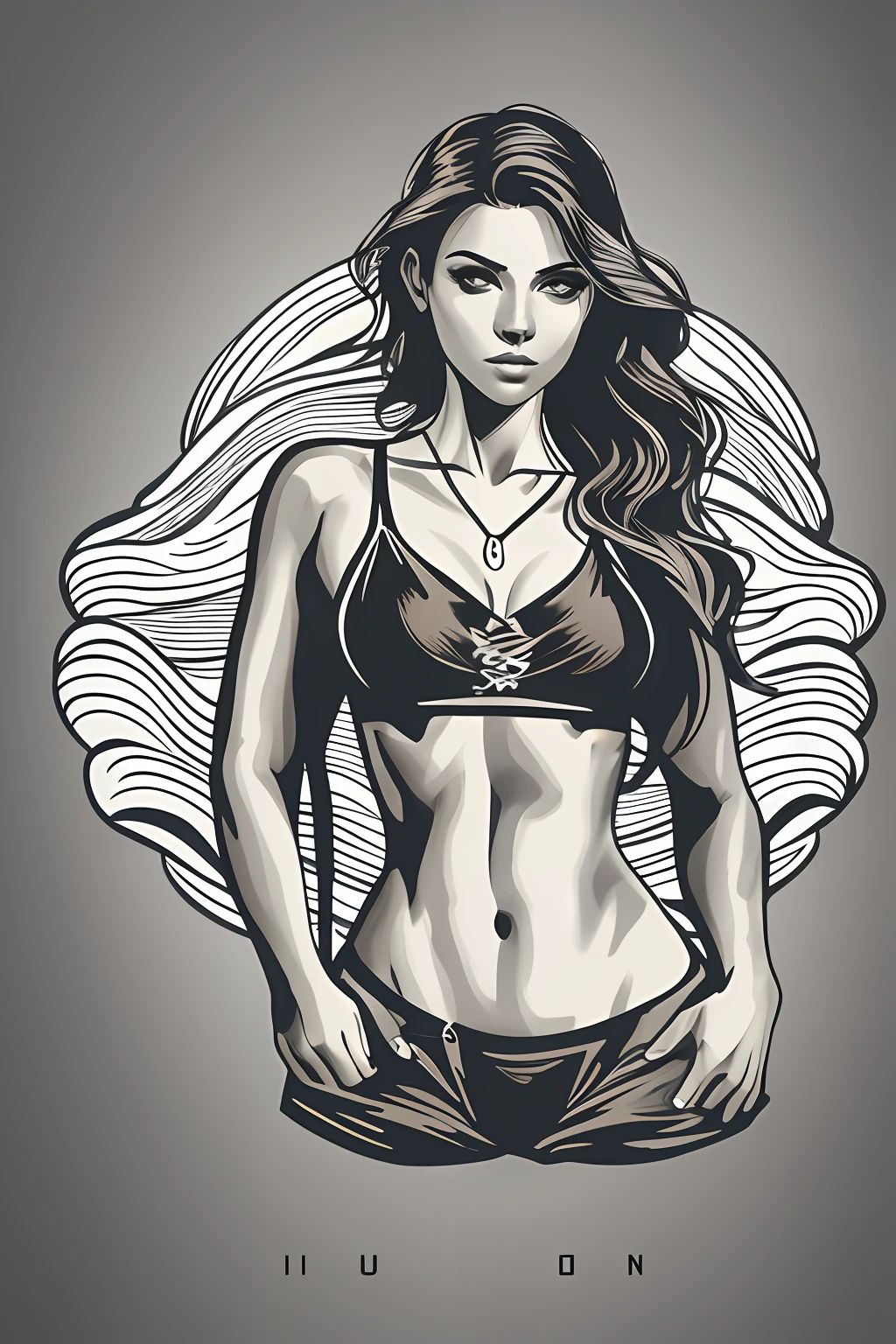 tshirt logo design isolated in black background, sexy woman silhouette bikini at the beach, waves patern, masterpiece, best quality, ((detailed face)), ((award winning)), (High Detail), Sharp, 8k, vectorial art