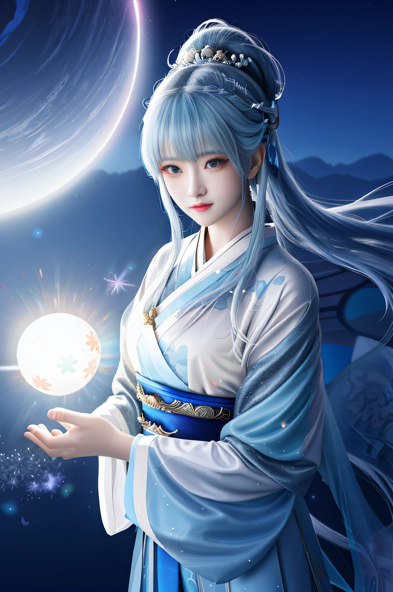 Anime girl with blue hair and white dress holding a glowing ball, Beautiful celestial mage, Palace ， A girl in Hanfu, heise jinyao, inspired by Lü Ji, inspired by Leng Mei, inspired by Xie Sun, inspired by Hua Yan, xianxia fantasy, Inspired by Ai Xuan, inspired by Li Mei-shu, lunar goddess，looking at me