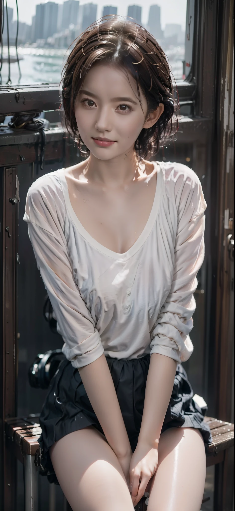 Girl by the sea wearing a white camisole and a short black skirt，独奏，with short black hair，Slightly curly hair，Real rain，The girl sits in a chair，（Wet clothes：1.5）Authentic background，photorealestic，Melancholy and moist body