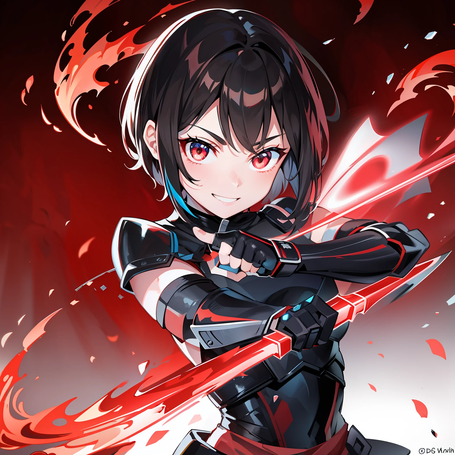 Color thin coating，Fine portrayal，Dingdall effect，1girll，Ninja girl，Smile confidently, Short brown hair，with short brown hair，Black cloth，Silver shoulder armor ,Flash knife, Glowing red eyes, Blow plastic tape, Flowing flames