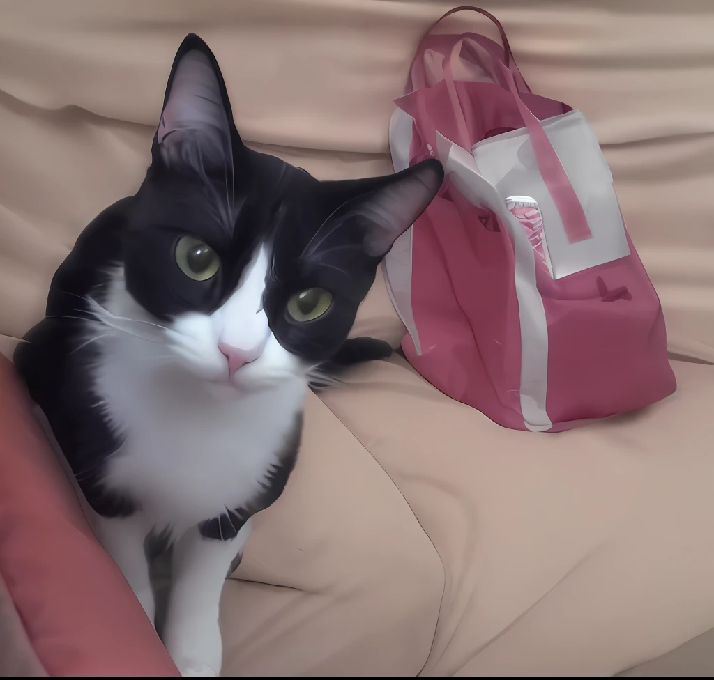 There's a black and white cat sitting on a couch , looking-into-camera, she is looking at us, staring at the camera,  lovingly looking at camera, she's facing the camera, gato preto e branco