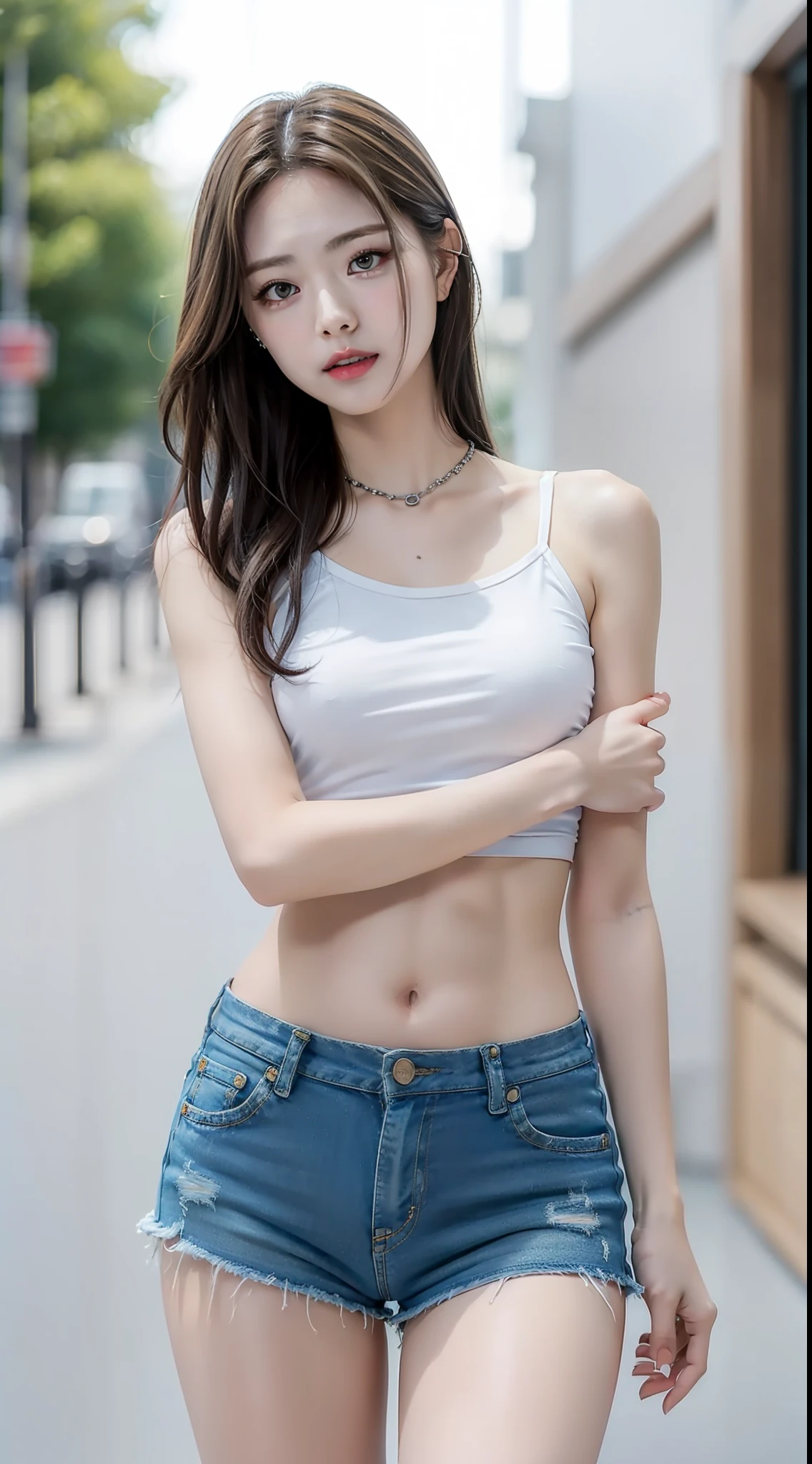 top-quality、​masterpiece、1 girl in、A slender、small tits、Tight white camisole、hyperdetailed face、Detailed eye、二重まぶた、Denim Mini Skirt、knee high socks、full bodyesbian、without background、Beautiful abs、Navel