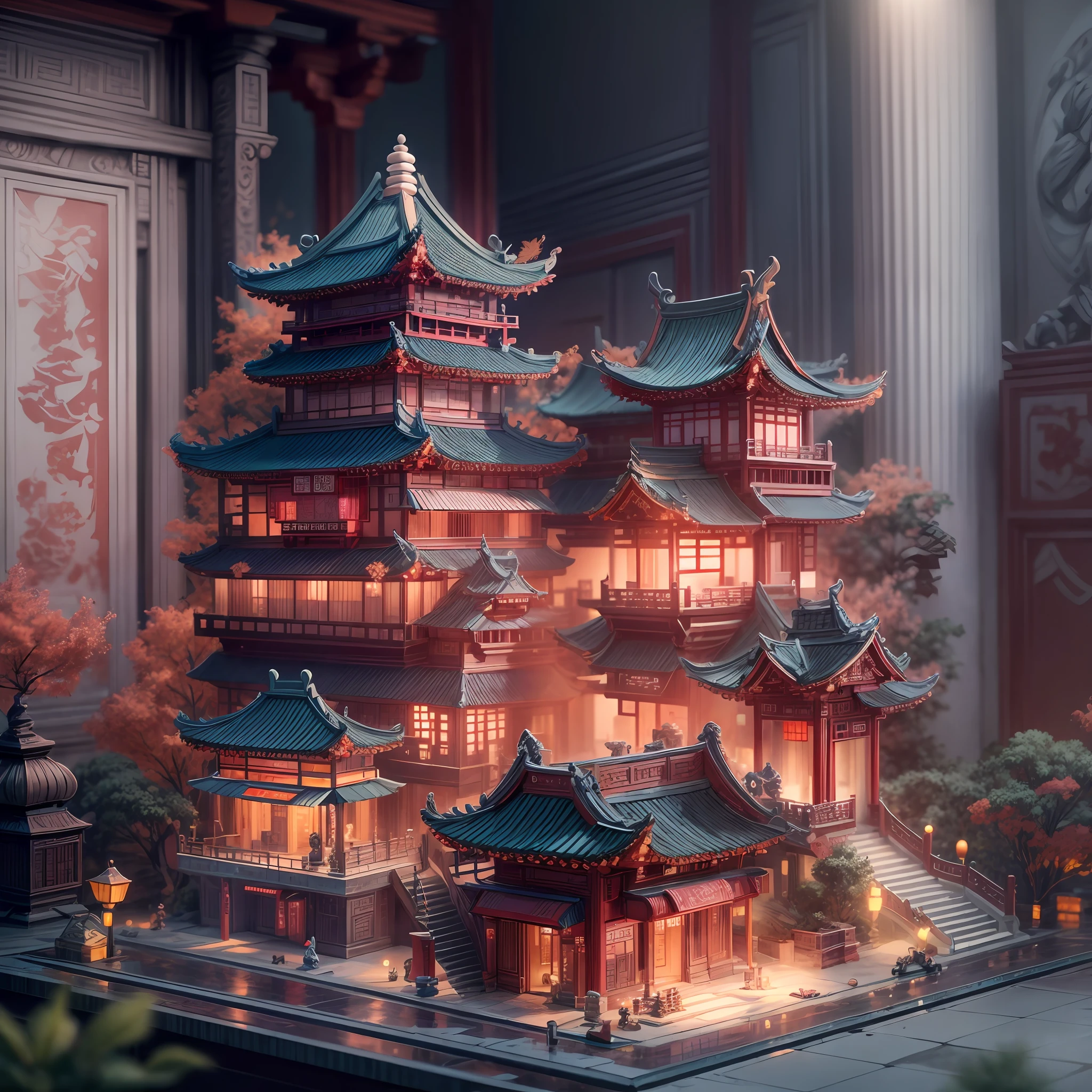 (Blind box toy style:1.2), (Chinese style buildings) , 1 ancient Chinese building:1.2, glazed tiles:1.2,(Royal Palace:1.2),Coiled dragon pillars:1.2,dreamy glow, Clean, White background, ( Global illumination, Ray traching, hdr, unreal render,reasonable design, high detal, Masterpiece, Best quality, hyper HD, Cinematic lighting)