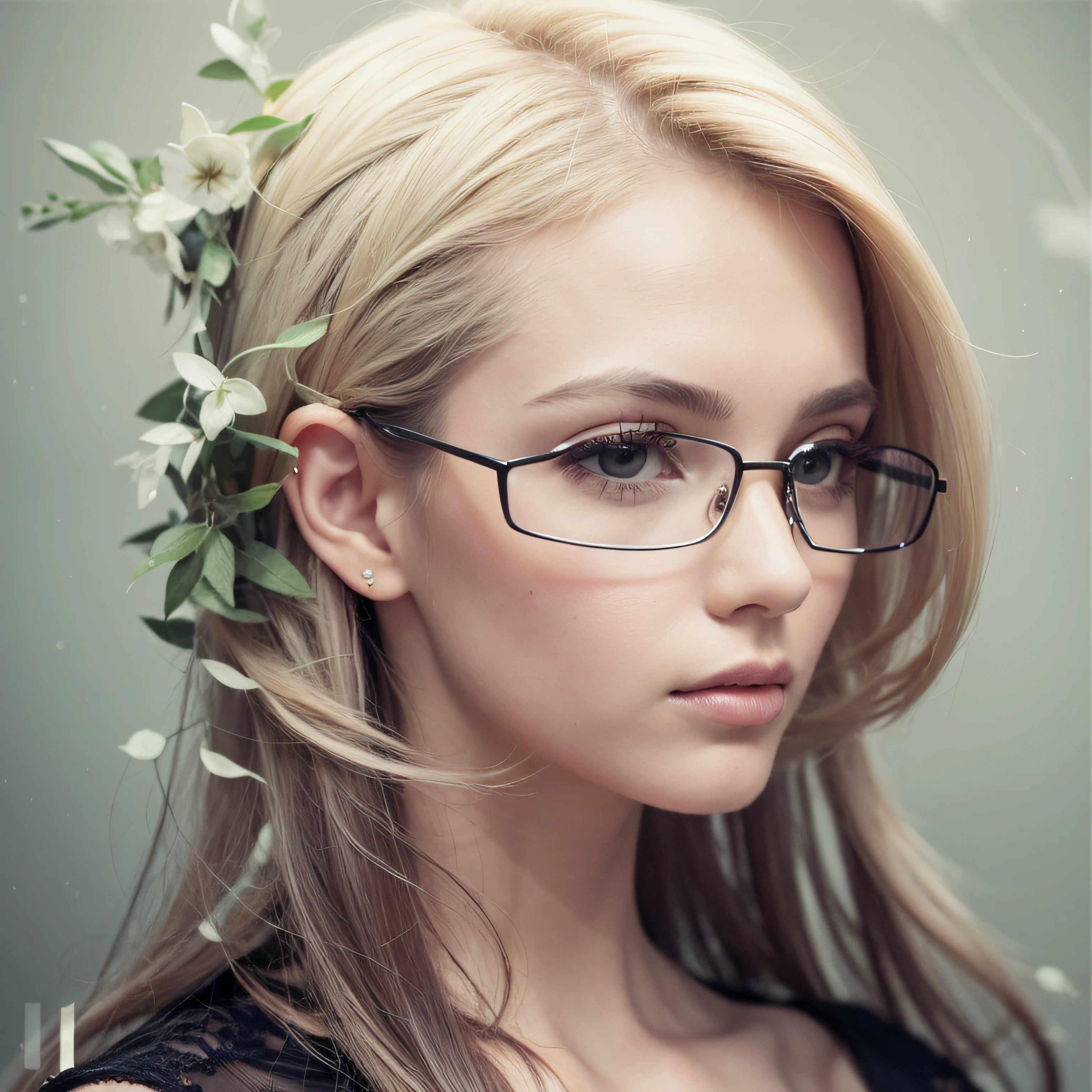 Reconstruct head and hair to imagine a  fashion photo studio  portrait. Pale monochromatic background. Remove clothes, remove glasses, remove vegetation, remove decorations.