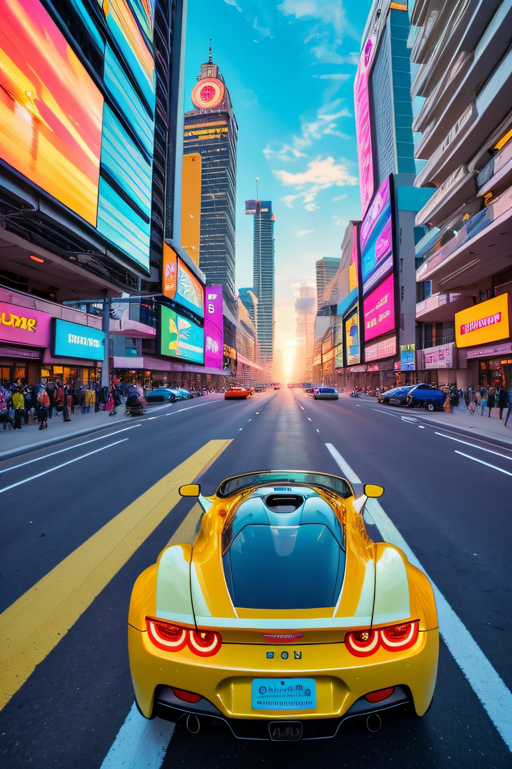 bright sunny day beautiful cloudy sky sunset sports car racing down cyberpunk Miami city streets neon signs and crowds confetti debris dust wind volumetric fog exciting epic action camera, (masterpiece:1.2) (photorealistic:1.2) (bokeh) (best quality) (detailed skin) (intricate) (8k) (HDR) (cinematic lighting) (sharp focus)