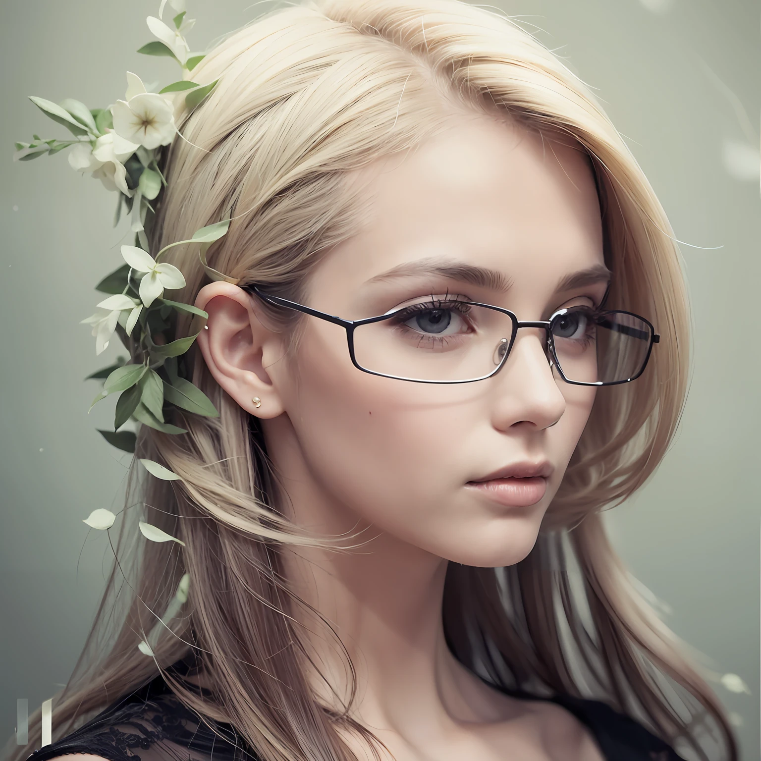 Reconstruct head and hair to imagine a  fashion photo studio  portrait. Pale monochromatic background. Remove clothes, remove glasses, remove vegetation, remove decorations.