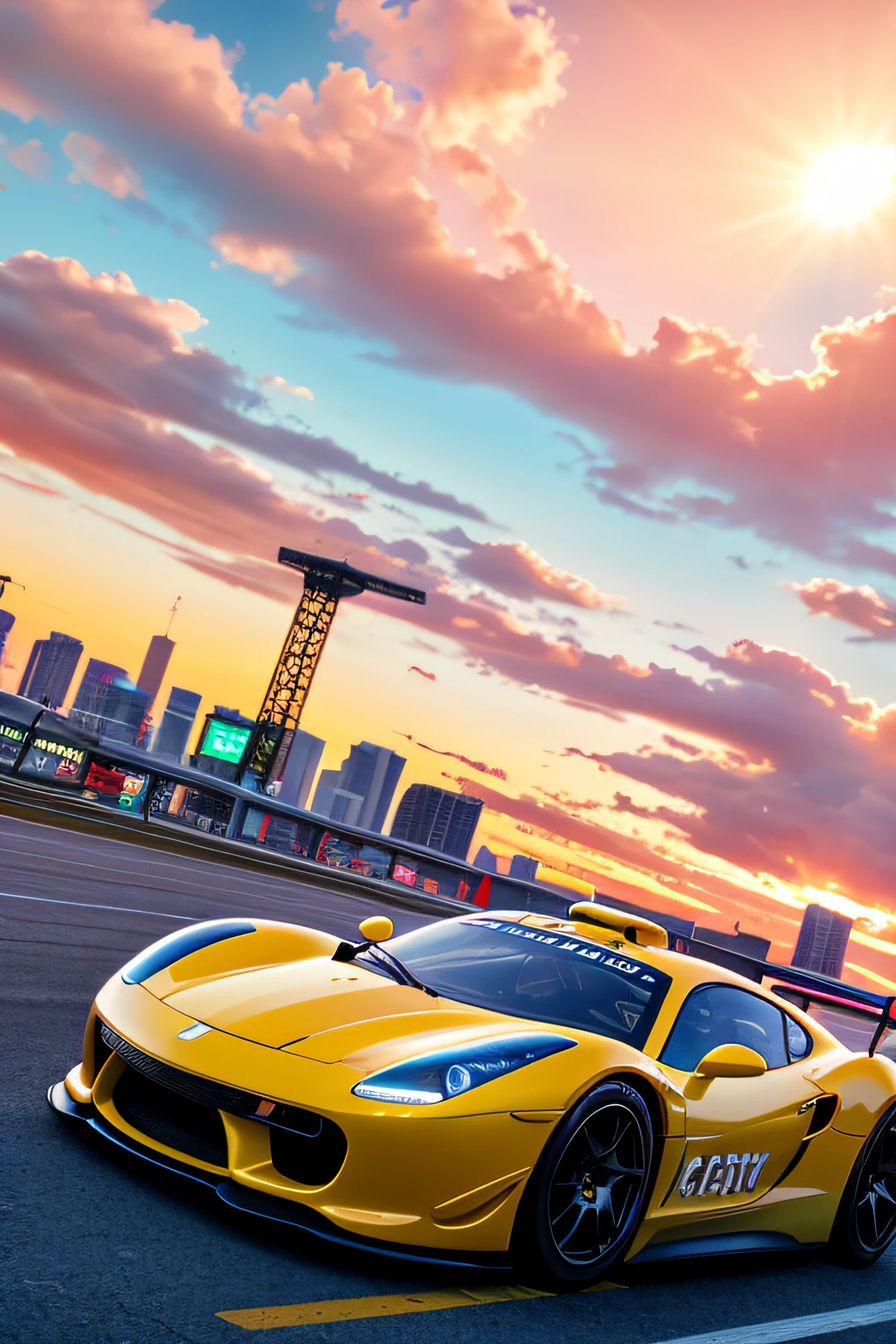 bright sunny day beautiful cloudy sky sunset sports car racing down cyberpunk Miami city streets neon signs and crowds confetti debris dust wind volumetric fog exciting epic action camera, (masterpiece:1.2) (photorealistic:1.2) (bokeh) (best quality) (detailed skin) (intricate) (8k) (HDR) (cinematic lighting) (sharp focus)