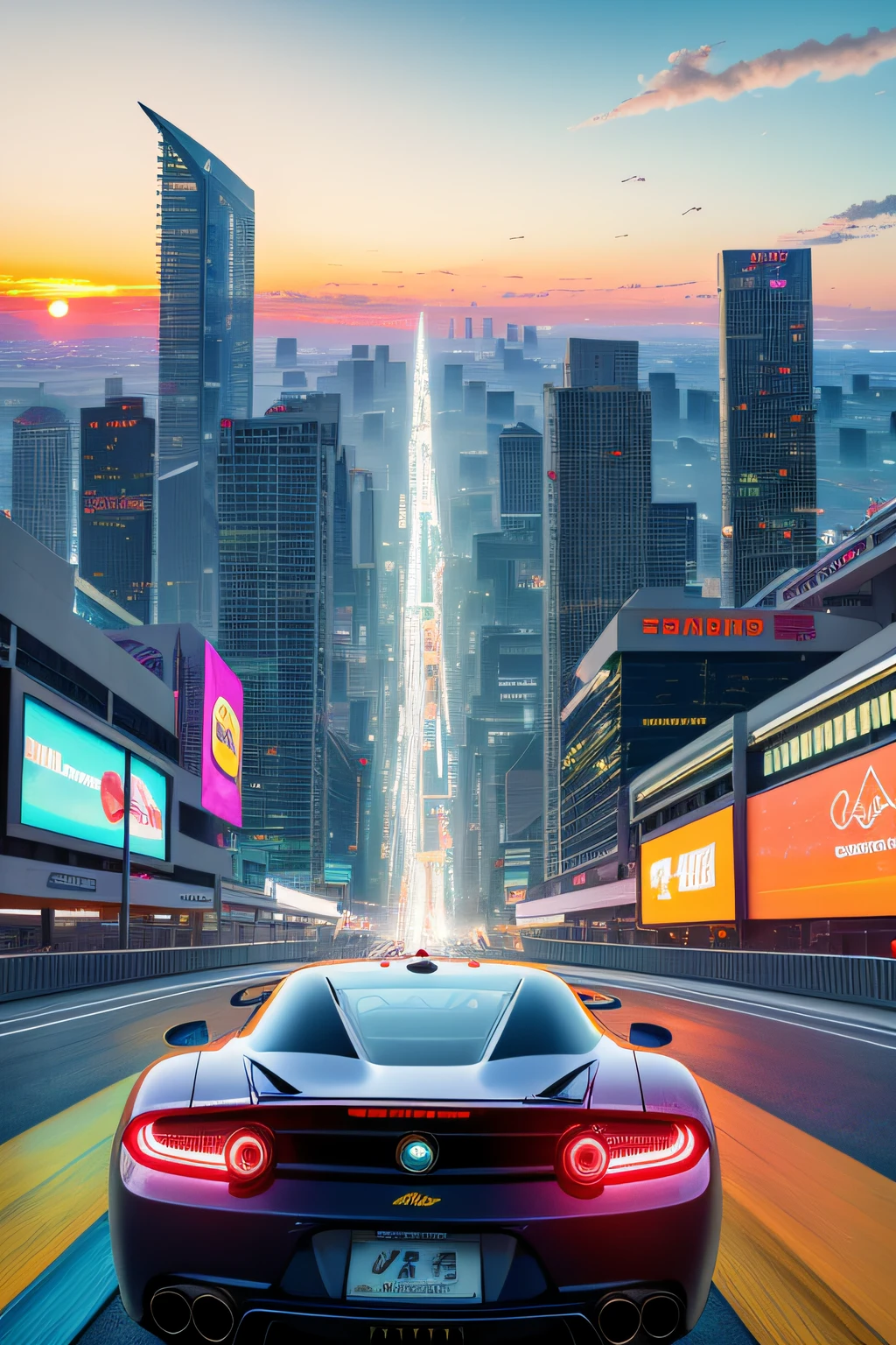 bright sunny day beautiful cloudy sky sunset sports car racing down cyberpunk Miami city streets neon signs and crowds confetti debris dust wind volumetric fog exciting epic action camera, (masterpiece:1.2) (photorealistic:1.2) (bokeh) (best quality) (detailed skin) (intricate) (8k) (HDR) (cinematic lighting) (sharp focus)