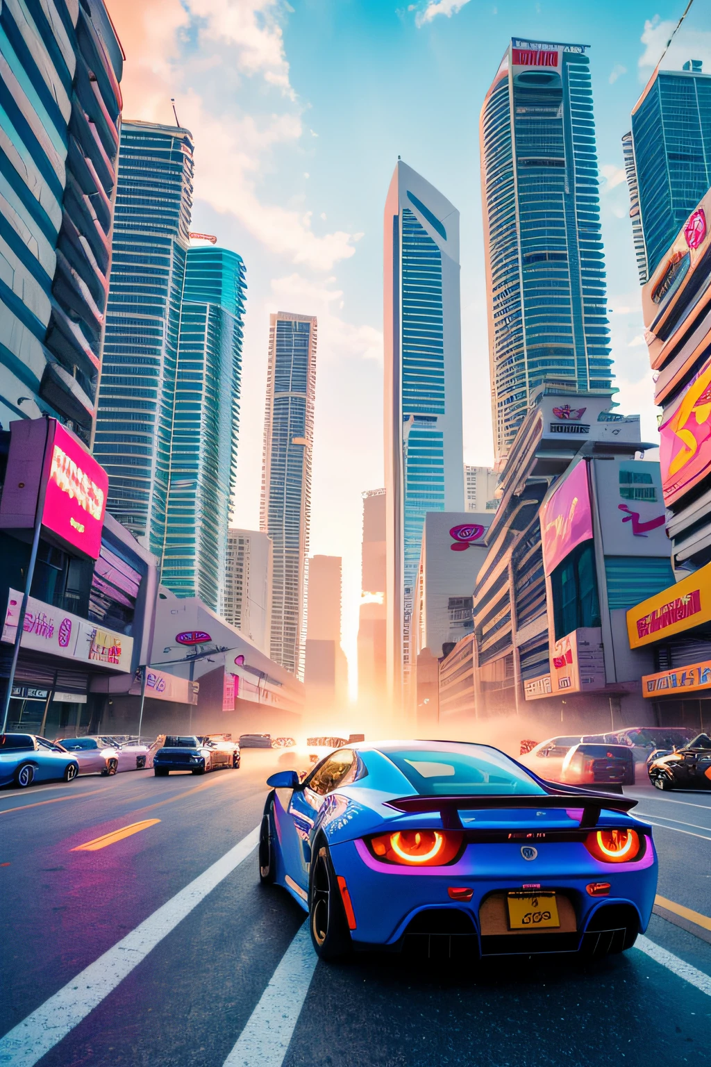 bright sunny day beautiful cloudy sky sunset sports car racing down cyberpunk Miami city streets neon signs and crowds confetti debris dust wind volumetric fog exciting epic action camera, (masterpiece:1.2) (photorealistic:1.2) (bokeh) (best quality) (detailed skin) (intricate) (8k) (HDR) (cinematic lighting) (sharp focus)