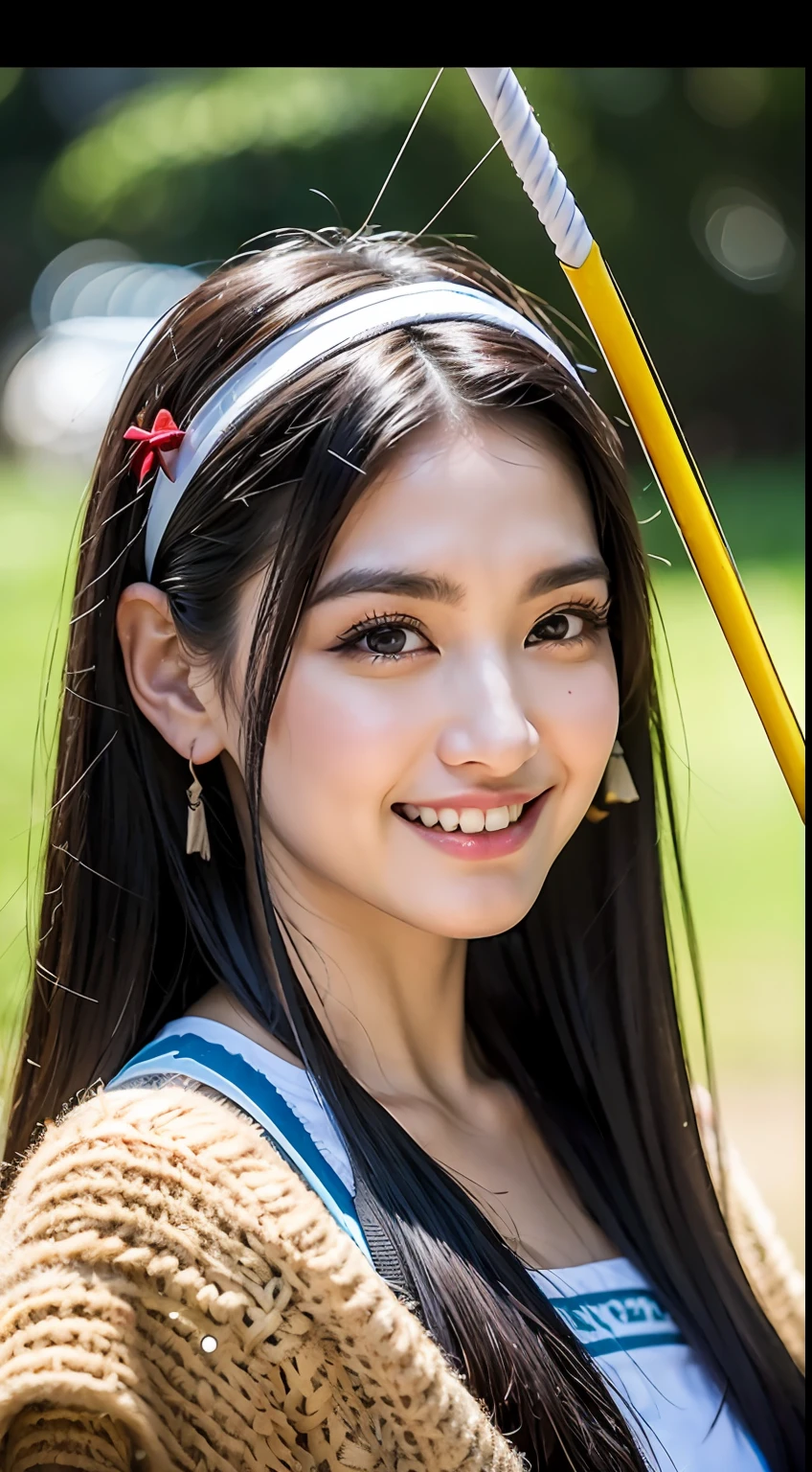 (8k, foto RAW, melhor qualidade, obra-prima: 1.2), ultra detalhe, Super Resolution, (realista, foto realista: 1.37), retrato, foto de cor RAW de alto detalhe, foto profissional, extremamente detalhado e bonito, extremamente detalhado, papel de parede 8k, amazing and detailed, tamanho de arquivo enorme, arte oficial, altamente detalhado CG unidade de papel de parede 8k, Indigenous girl with black hair and sexy clothing carrying her bow and arrow