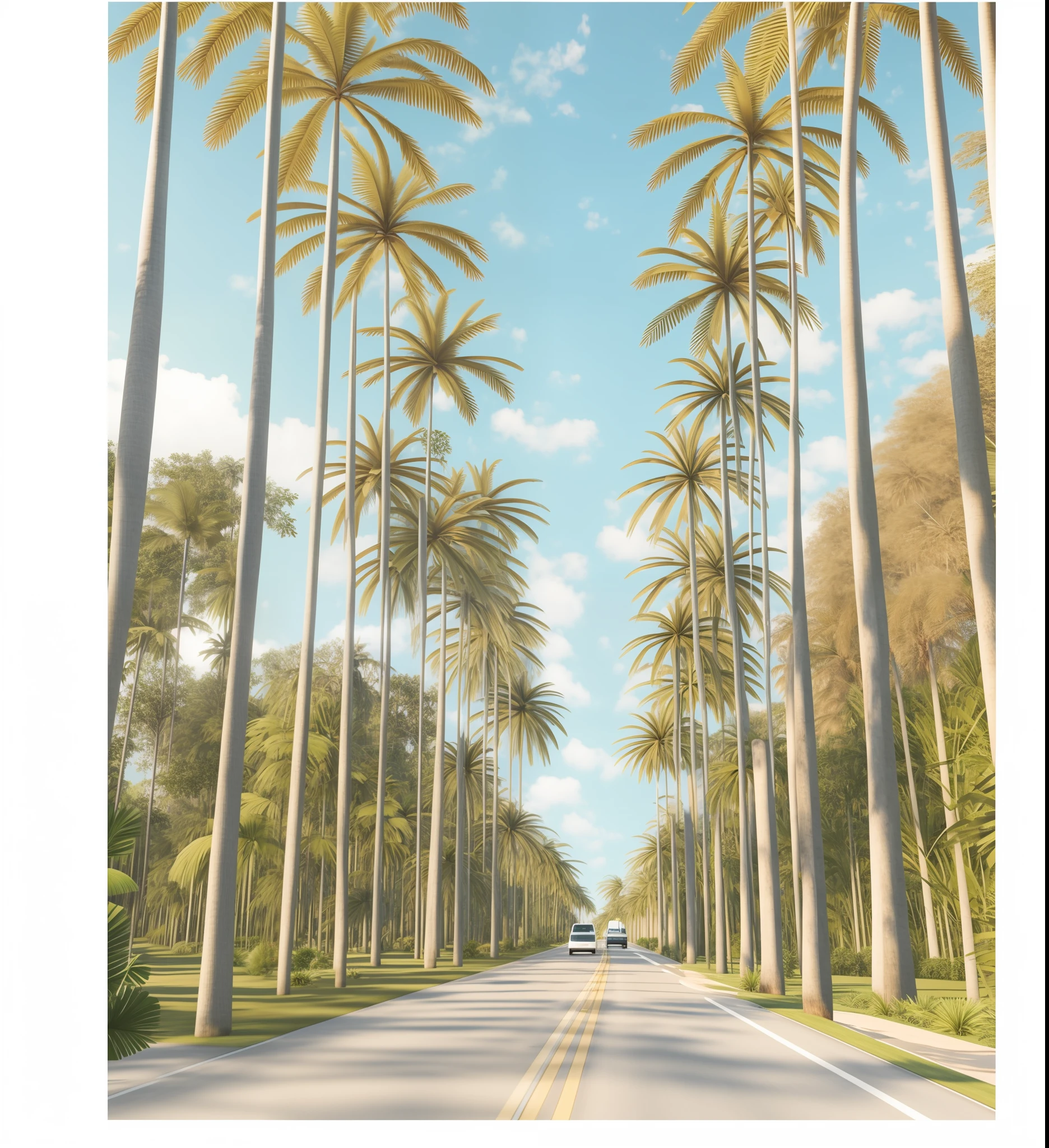 an image of a realistic road with trees on both sides, road between tall trees, blessing palms, the palms come from the ground, palmeiras, Palmas, tall large trees, palmeiras, Large trees, Tall trees, descendo, palmeiras tropicais, tropical trees, cabbage trees, the palms come from the depths
