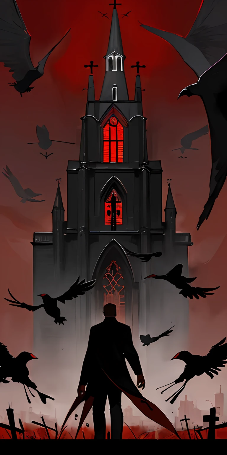 (masterpiece, best quality), Red wallpaper, black church with crows circling around it, a black man standing and looking at the church from a distance, red and black and dark space, game wallpaper painting, game background